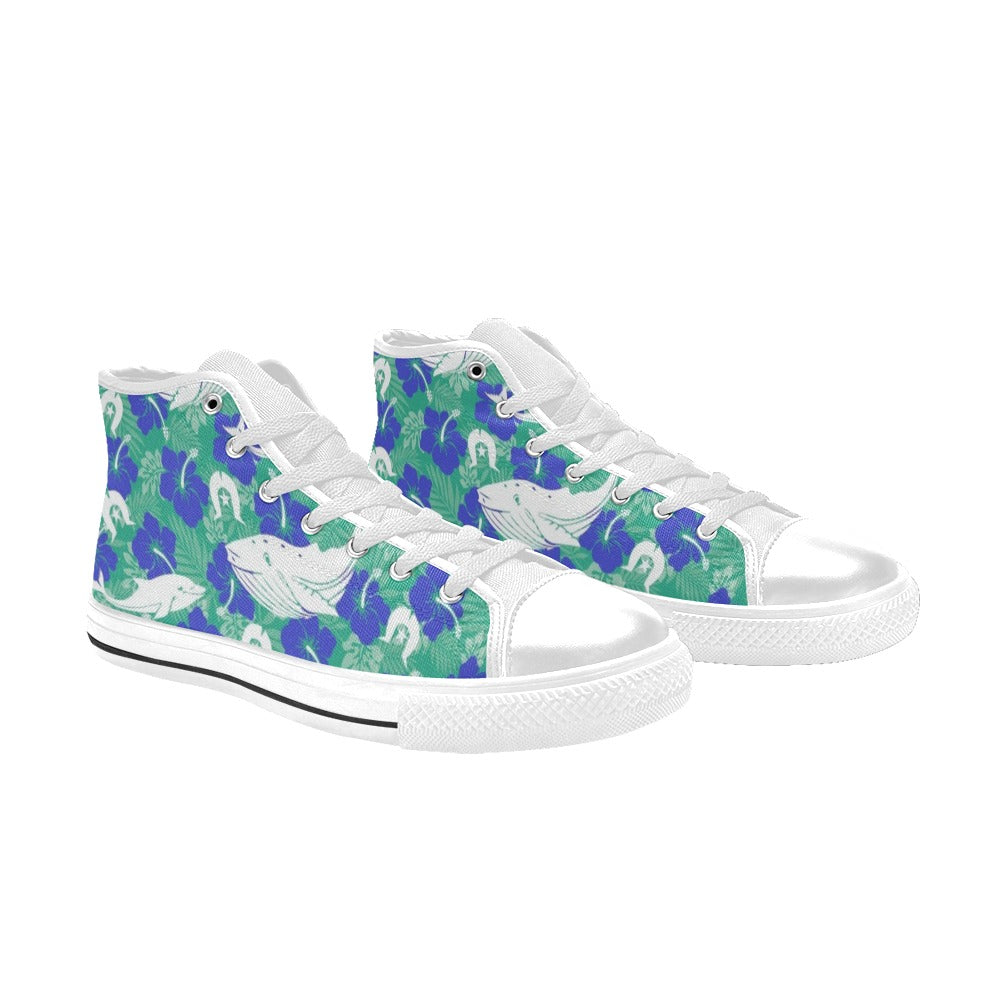 Royal Blue Hibiscus flowers with Whale, Dolphin and Dhari on Women's High Top Canvas Shoes