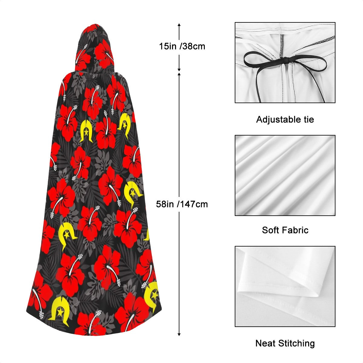 Royal Red Hibiscus with Yellow Dhari on Hooded Cloak