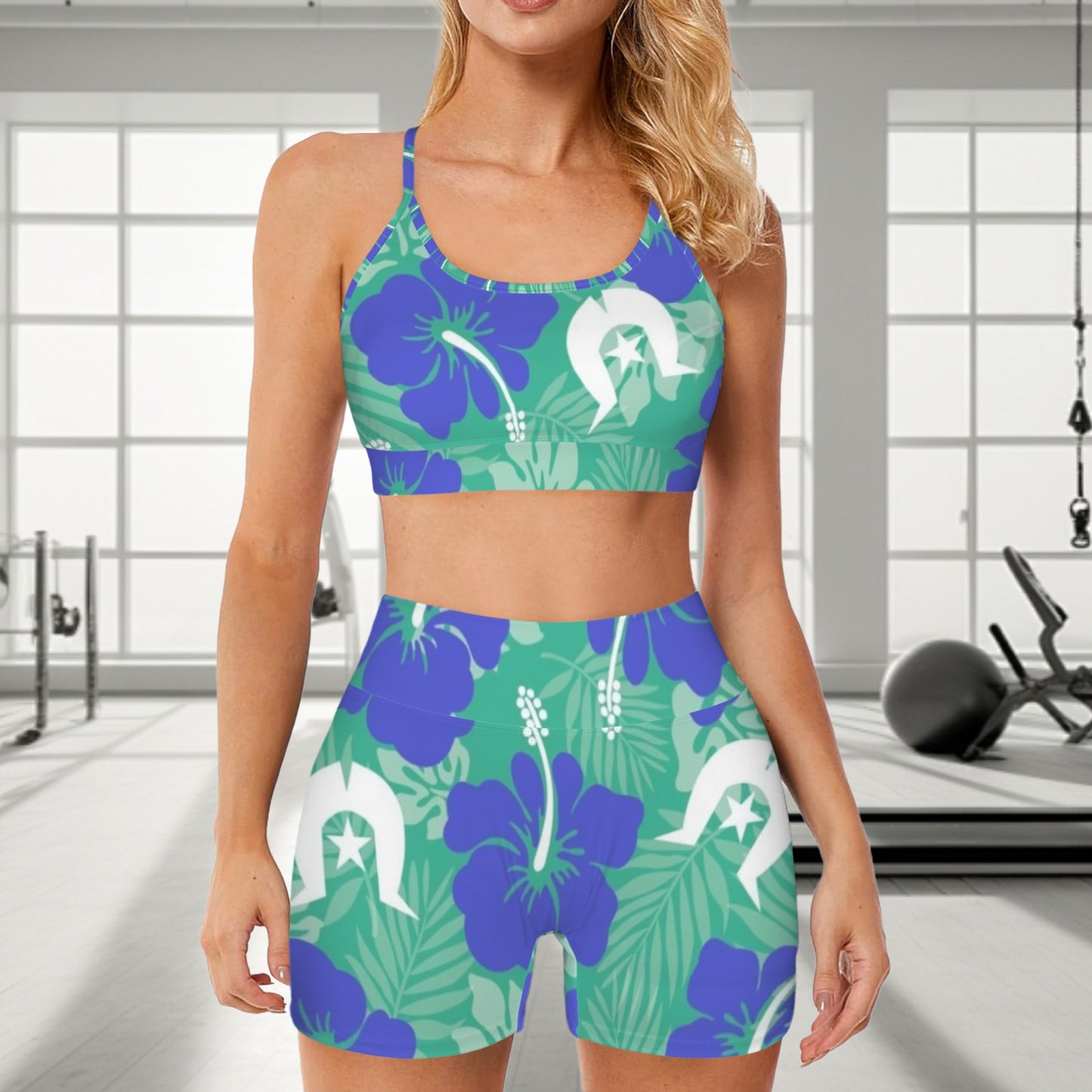 Royal Blue Hibiscus flowers with Dhari on Cross Back String Sports Bra & High Waist Shorts Active Sets