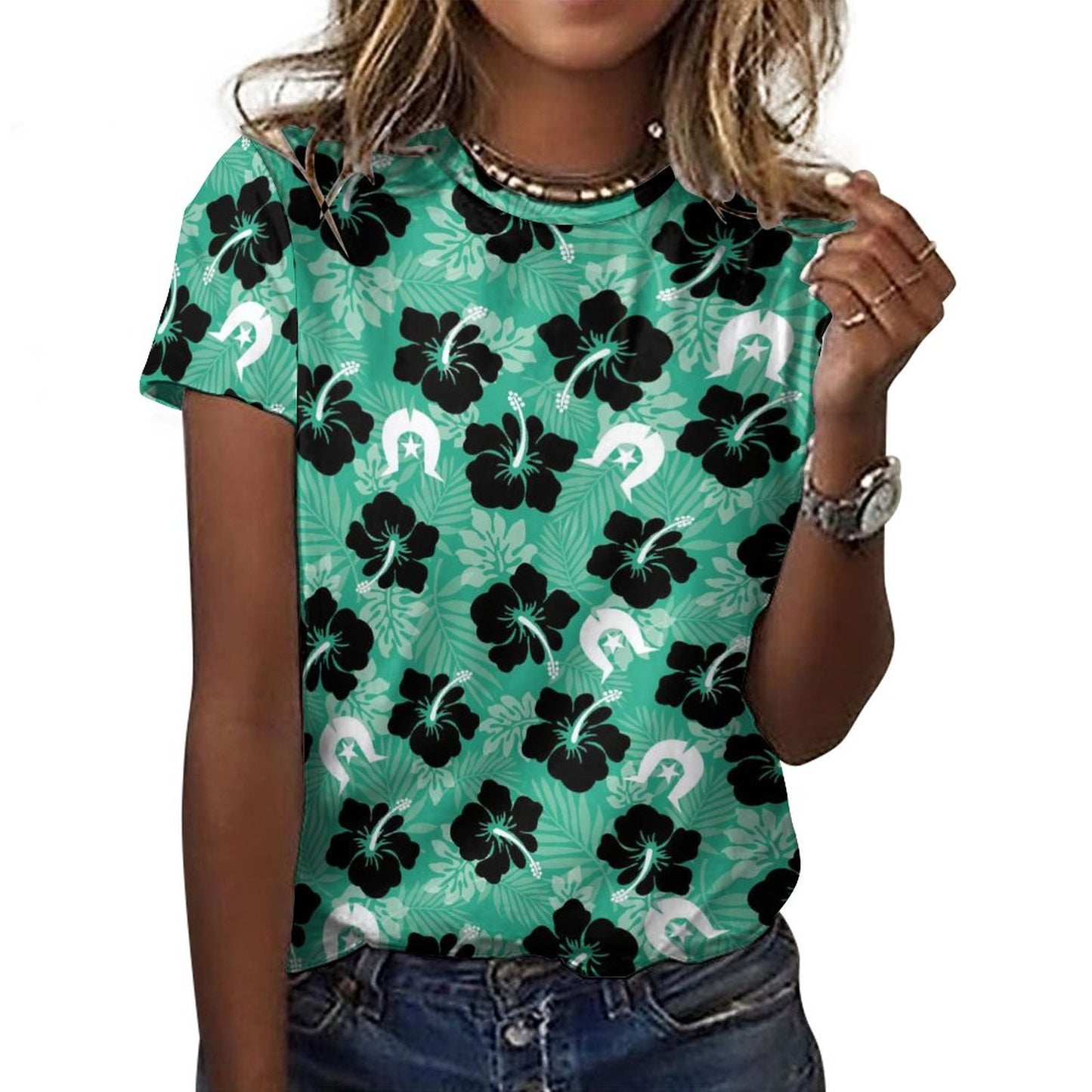 Black Hibiscus with White Dhari on Cotton Summer Short Sleeve T-Shirts for Women