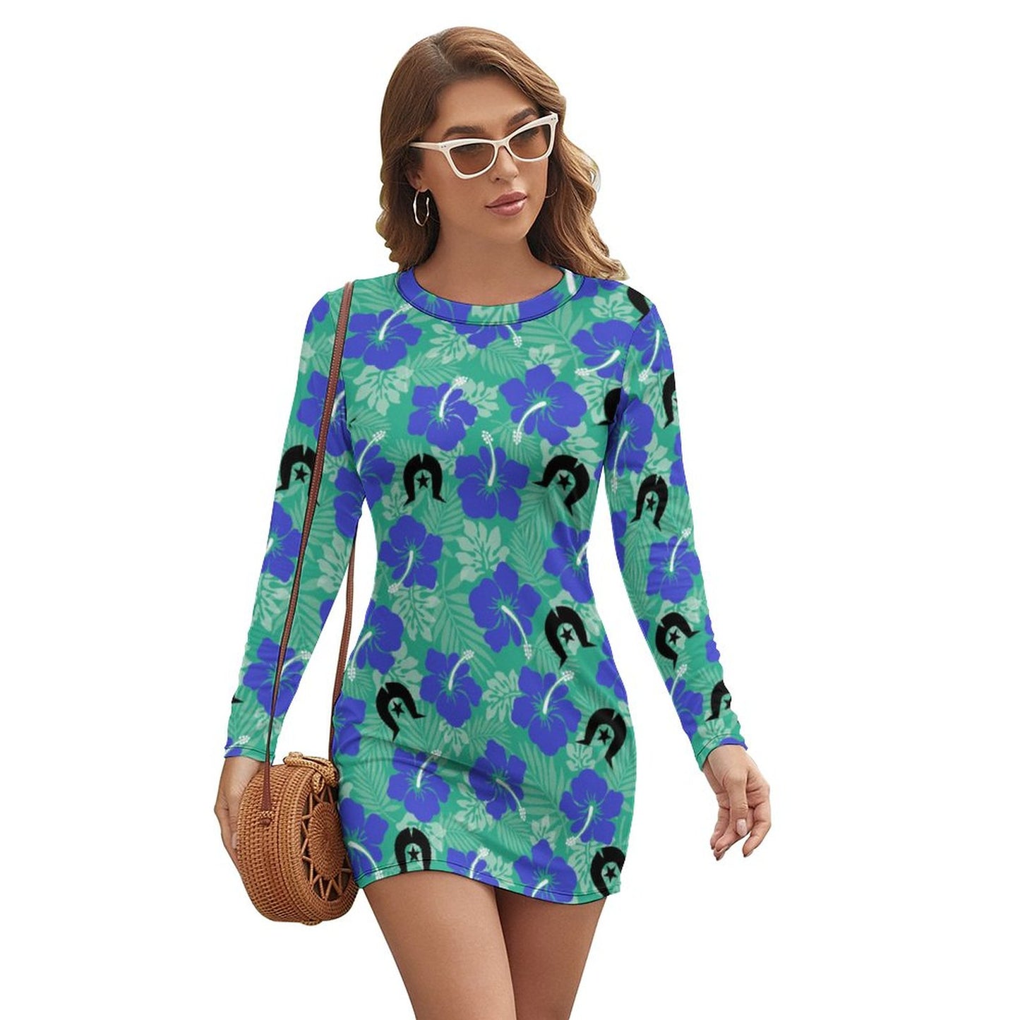 Royal Blue Hibiscus flowers with Black Dhari on Long Sleeve Dress