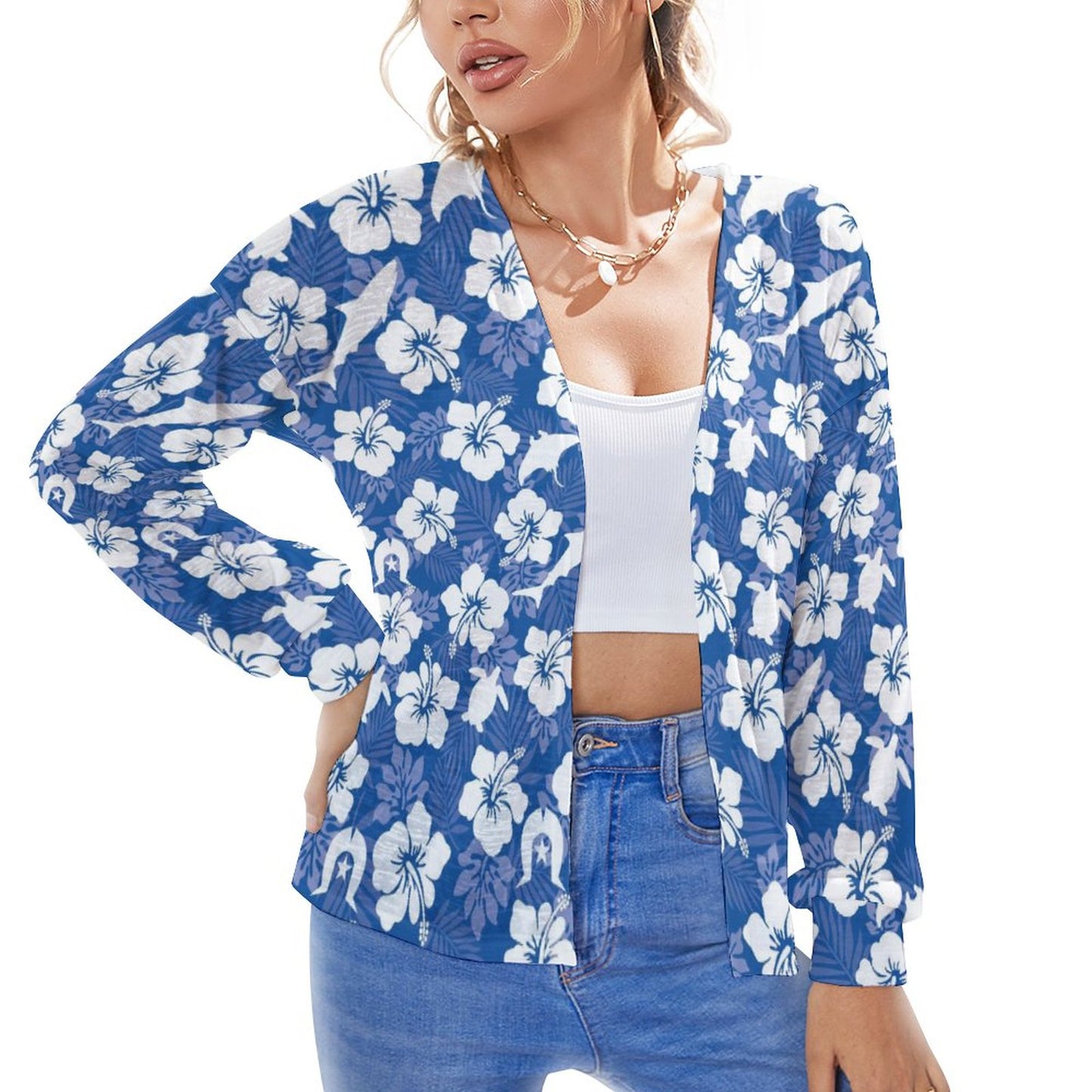 White hibiscus flowers with Dhari, Shark, turtle, and stingray on Long Sleeve Drop Shoulder Open Shirt