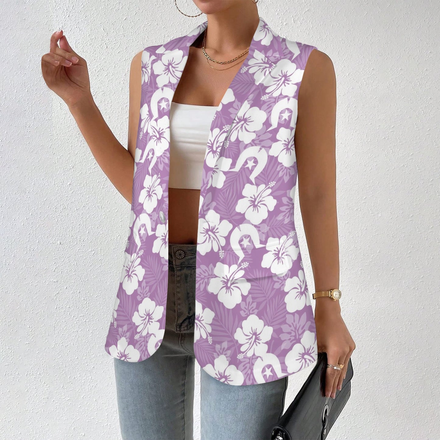 White Hibiscus and Dhari (Purple) on Women Sleeveless Suit Vest