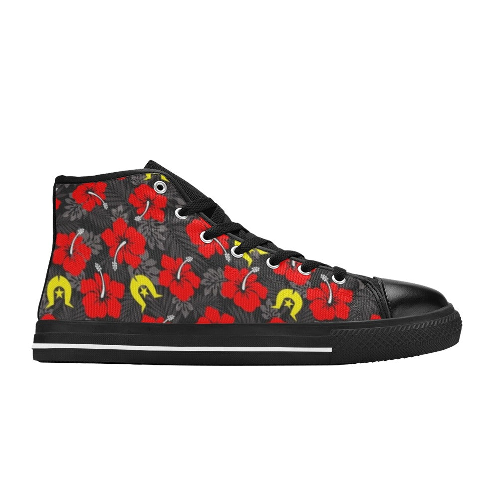 Royal Red Hibiscus with Yellow Dhari on Women's High Top Canvas Shoes