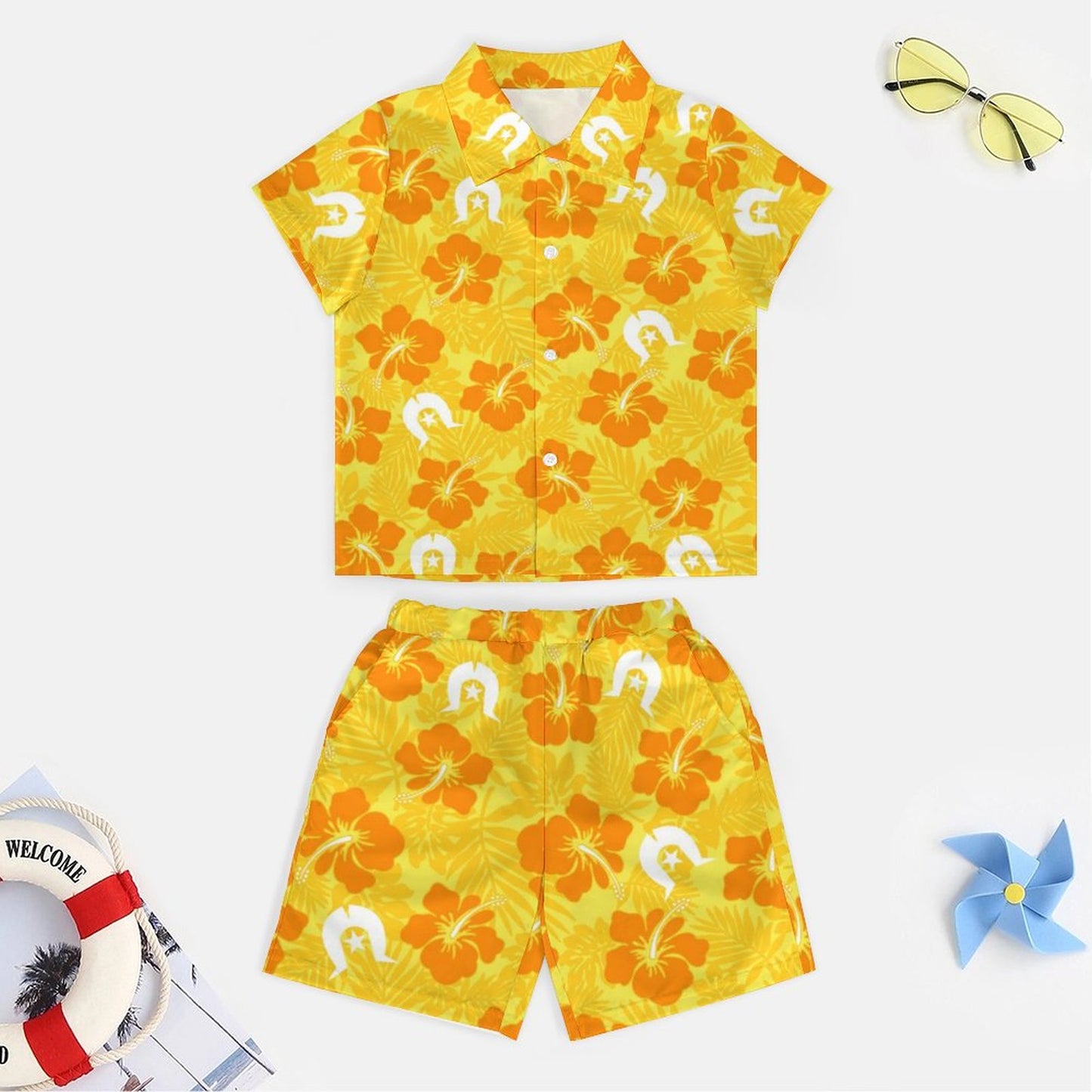 Hibiscus flowers with Dhari (Gold) on Youth's/Kids Casual Beach Outfit