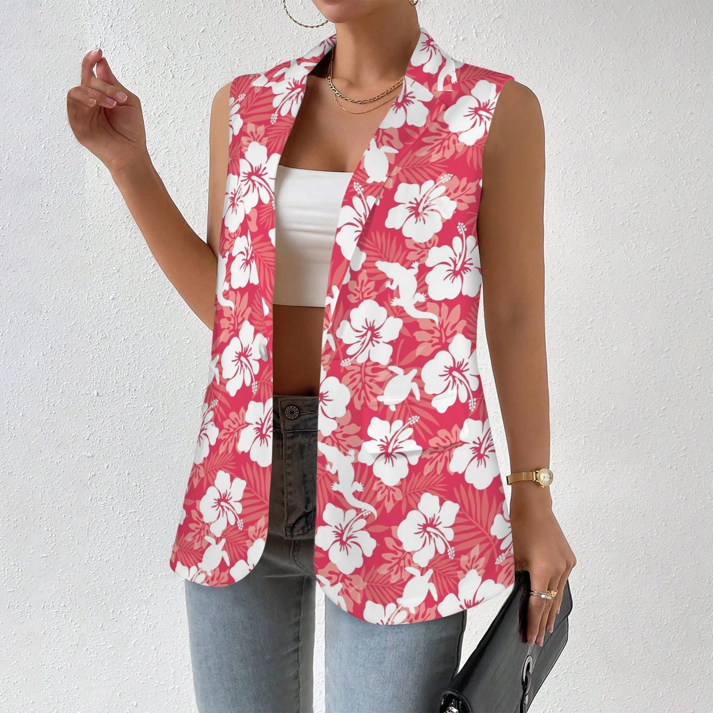 White Hibiscus flowers with Crocodile and Turtle on Women Sleeveless Suit Vest