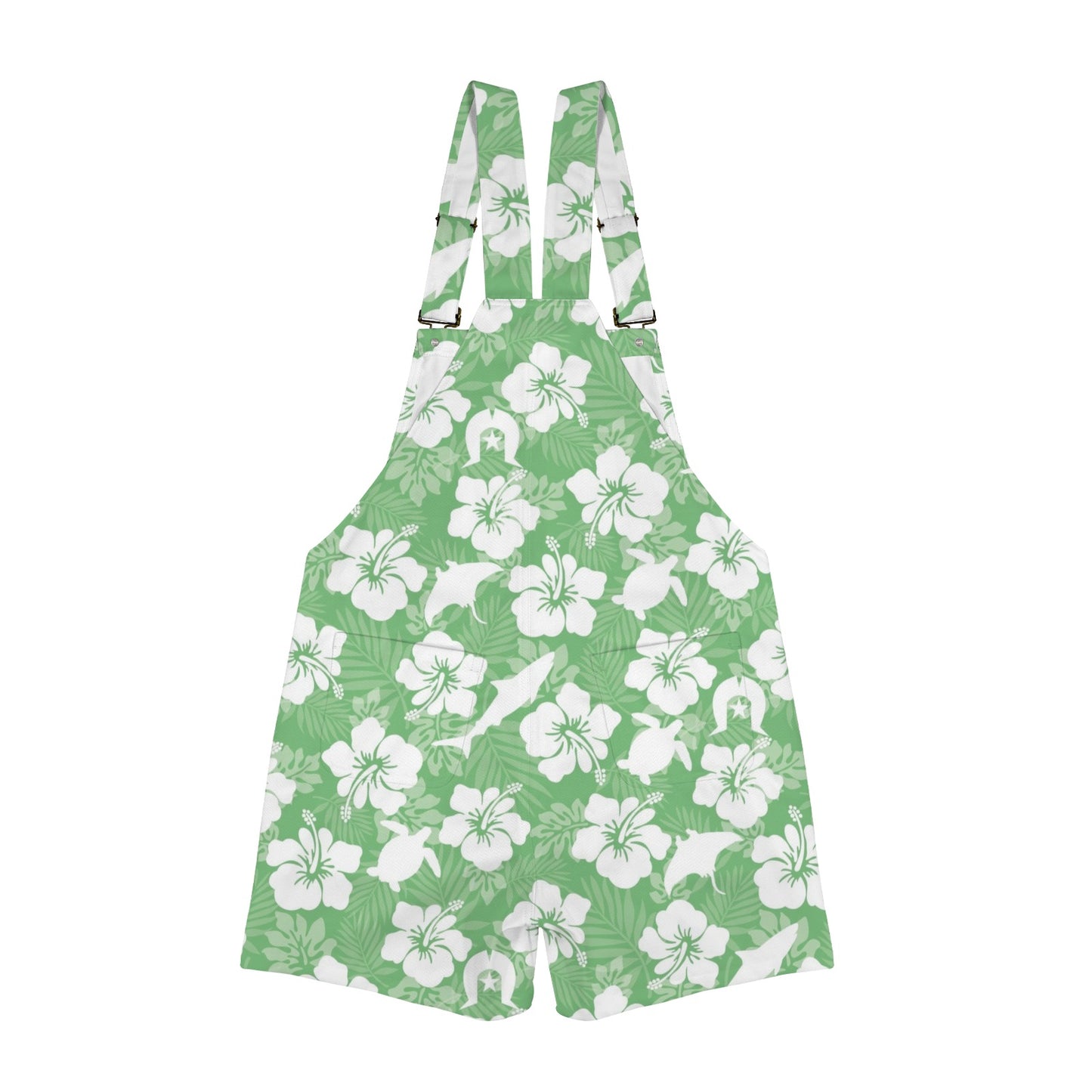 White hibiscus flowers with Dhari, Shark, turtle, and stingray (Green) on Unisex Suspender Jumpsuit