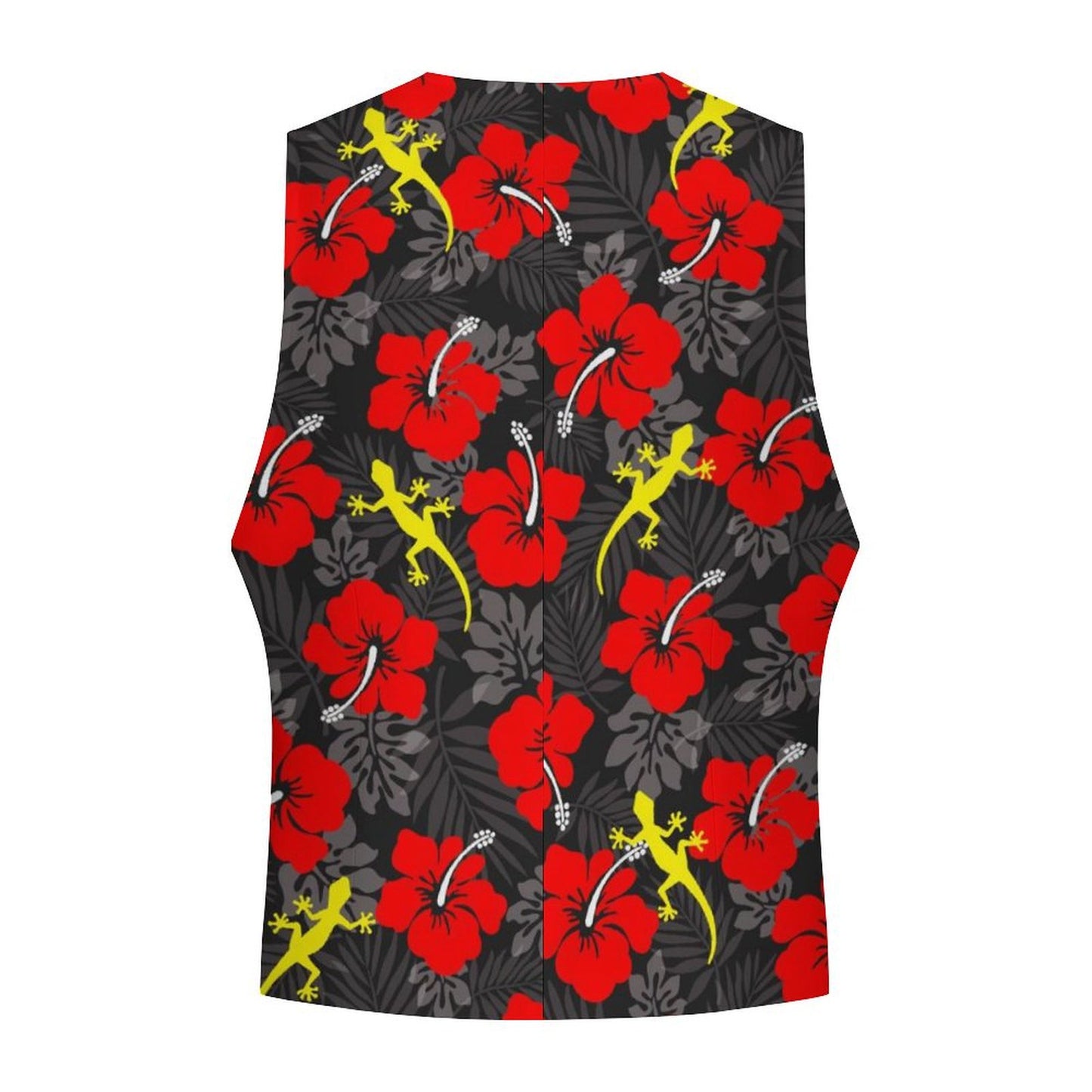 Royal Red Hibiscus flowers with Gecko on Men's Sleeveless Suit Vest