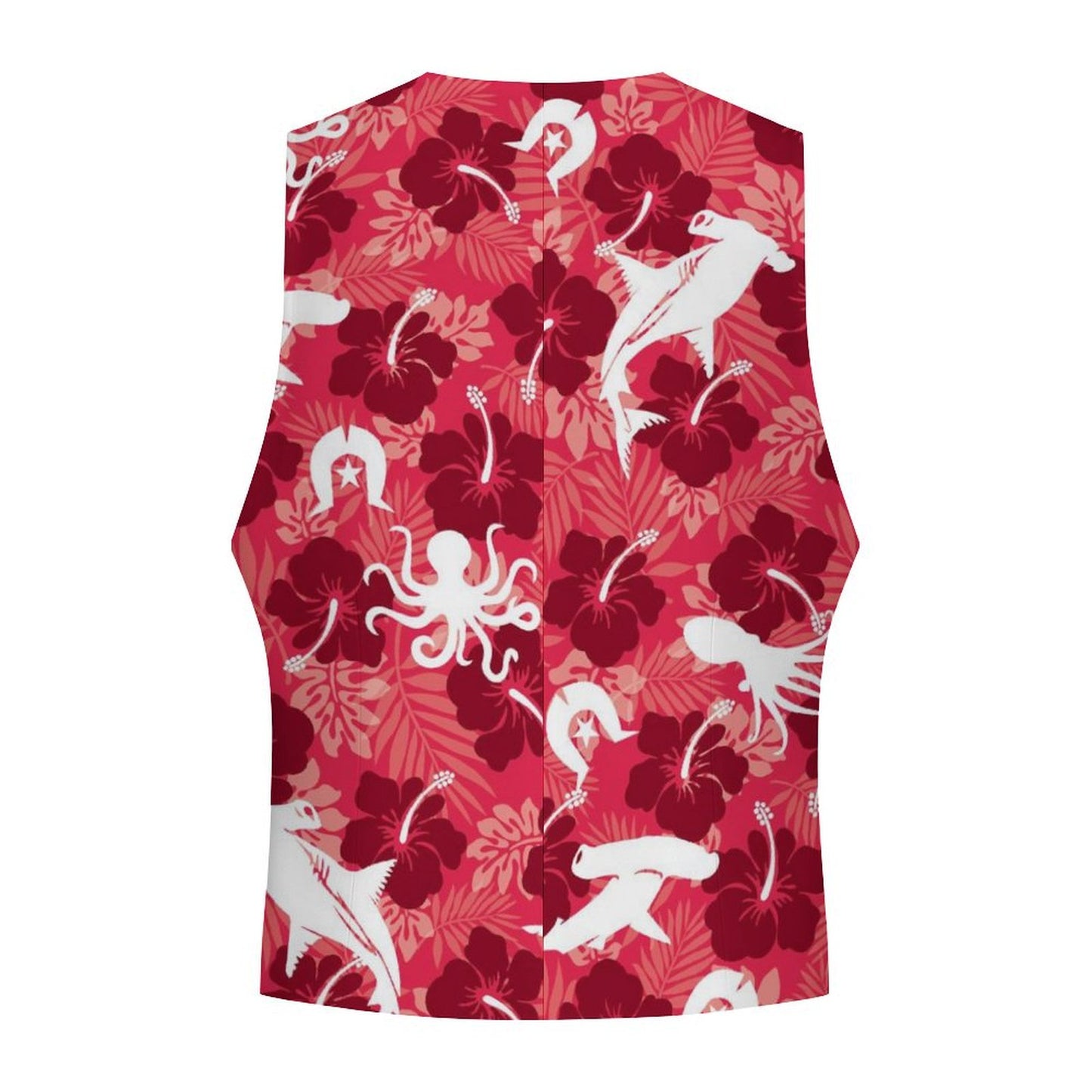 Red Hibiscus with Shark, Octopus and Dhari on Men's Sleeveless Suit Vest
