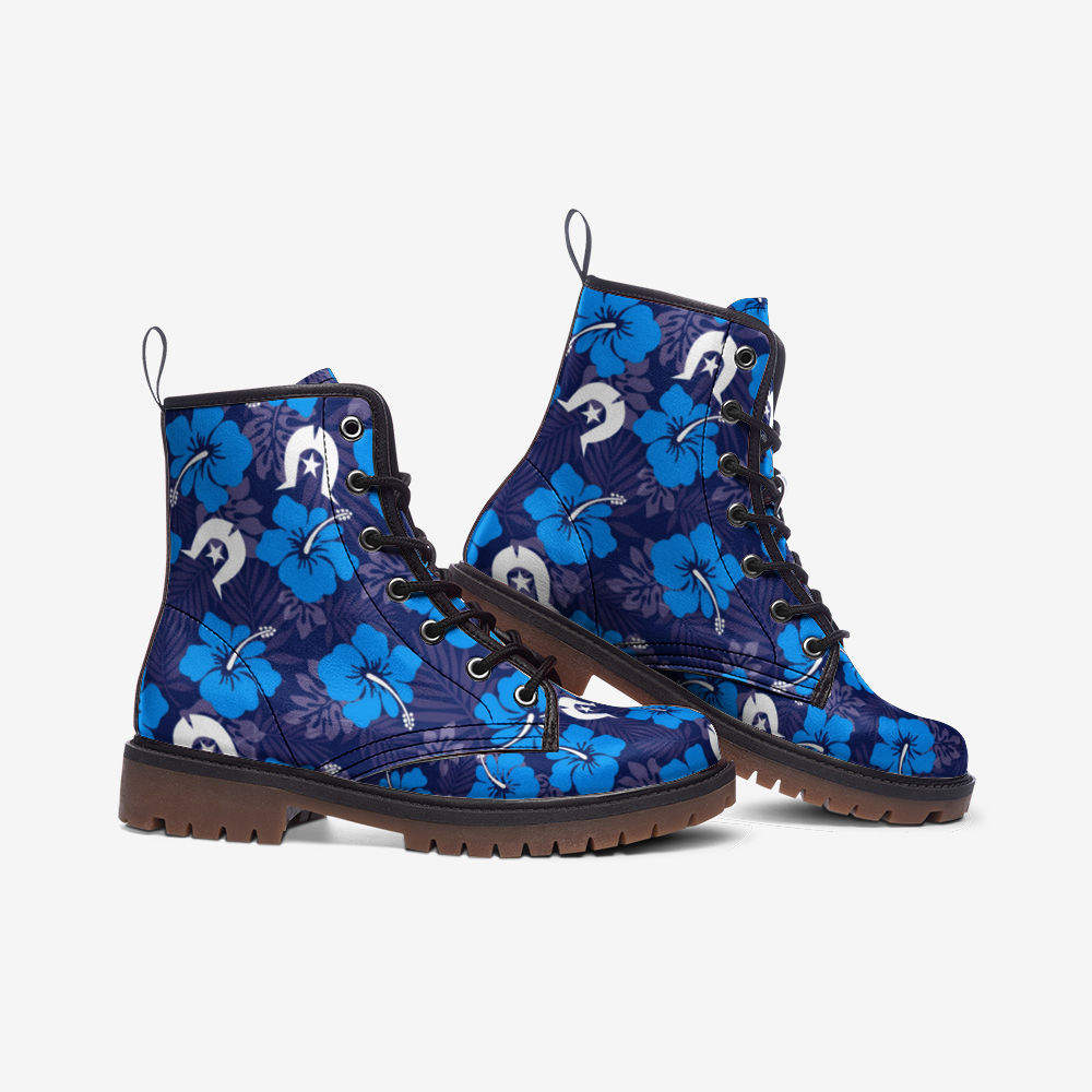 Hibiscus flowers with White Dhari (Royal blue) on Casual Leather Lightweight Boots