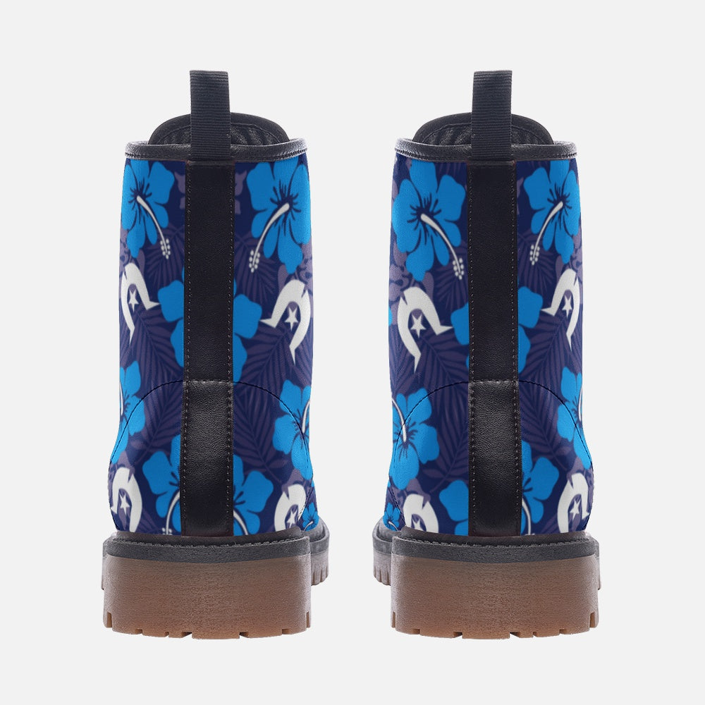 Hibiscus flowers with White Dhari (Royal blue) on Casual Leather Lightweight Boots