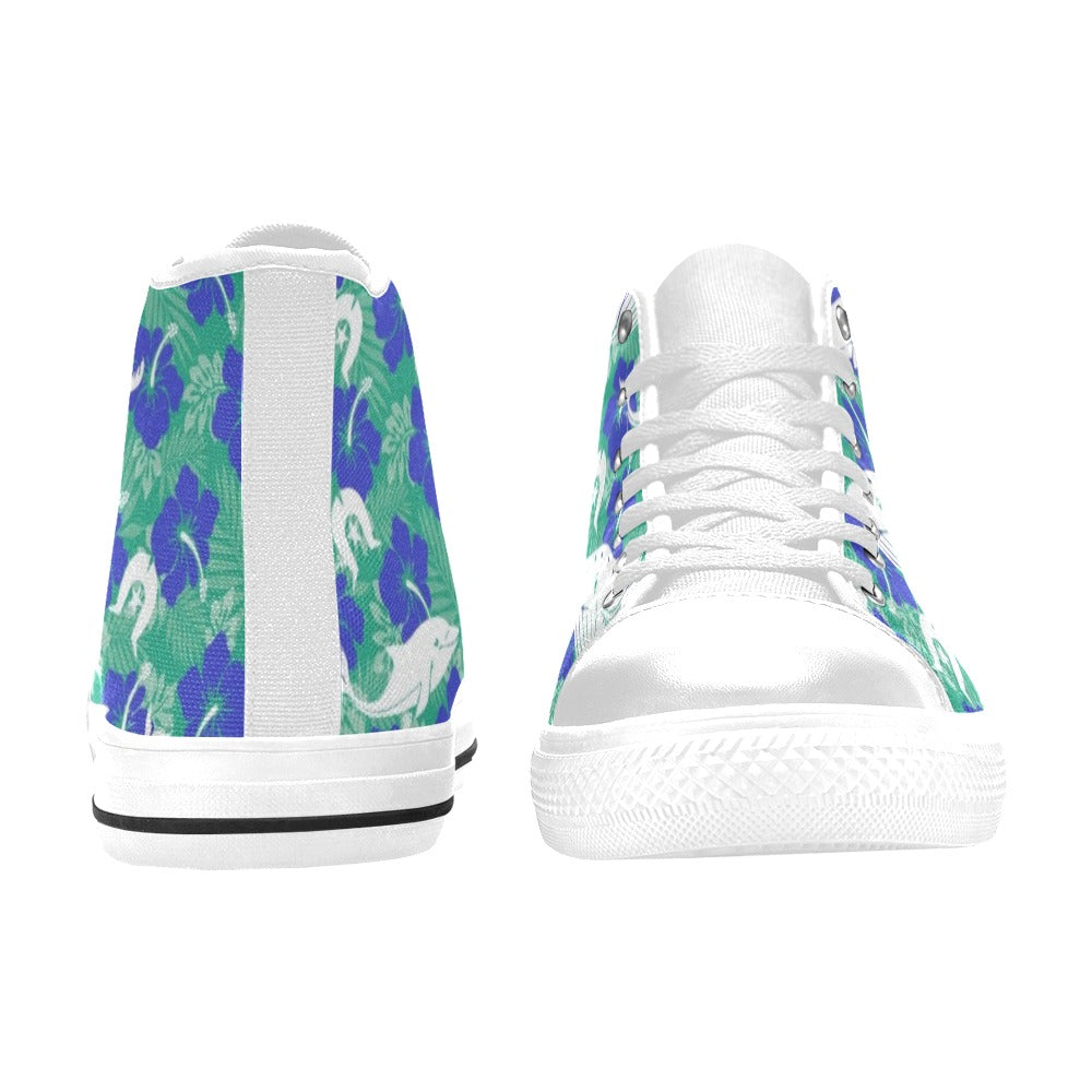 Royal Blue Hibiscus flowers with Whale, Dolphin and Dhari on Women's High Top Canvas Shoes