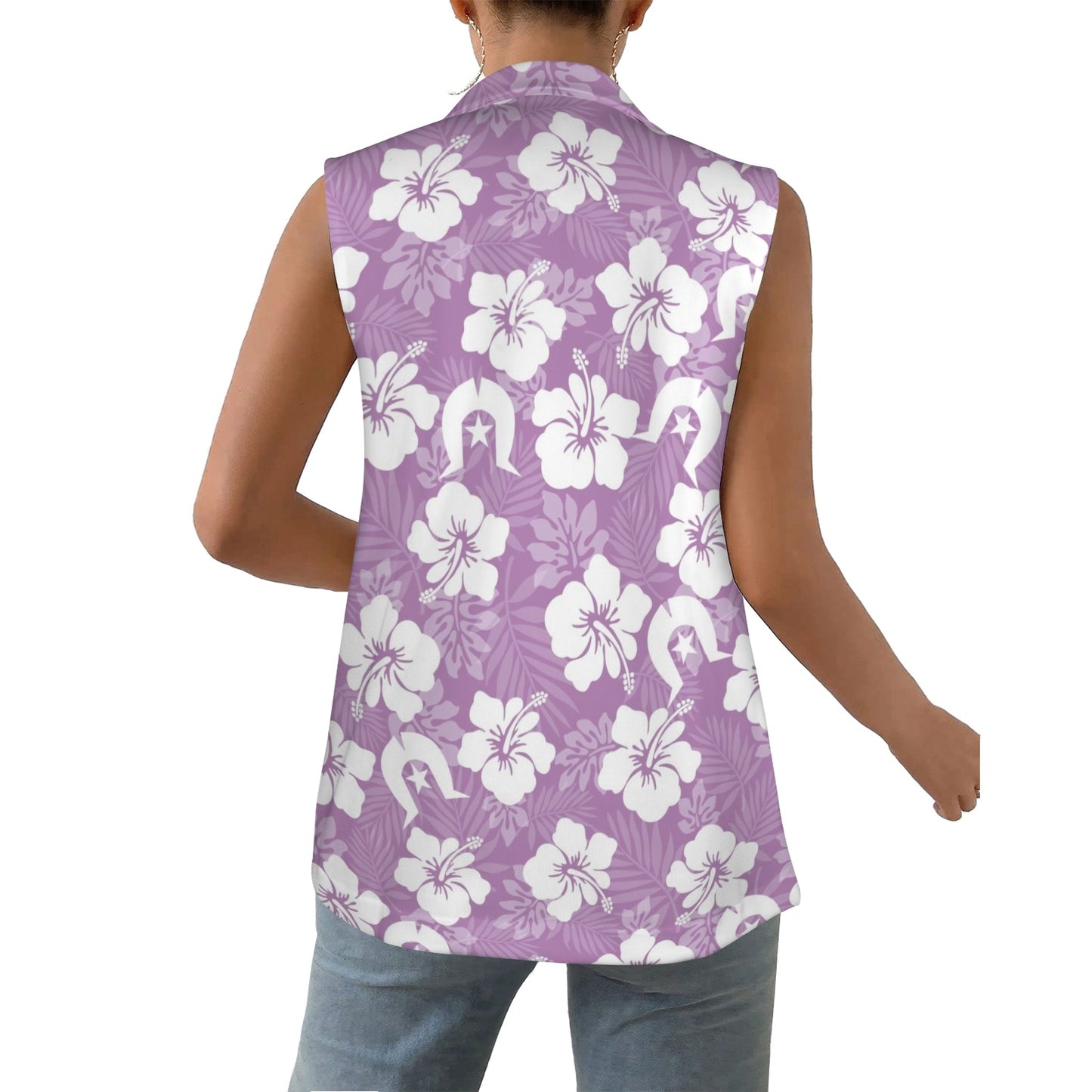 White Hibiscus and Dhari (Purple) on Women Sleeveless Suit Vest