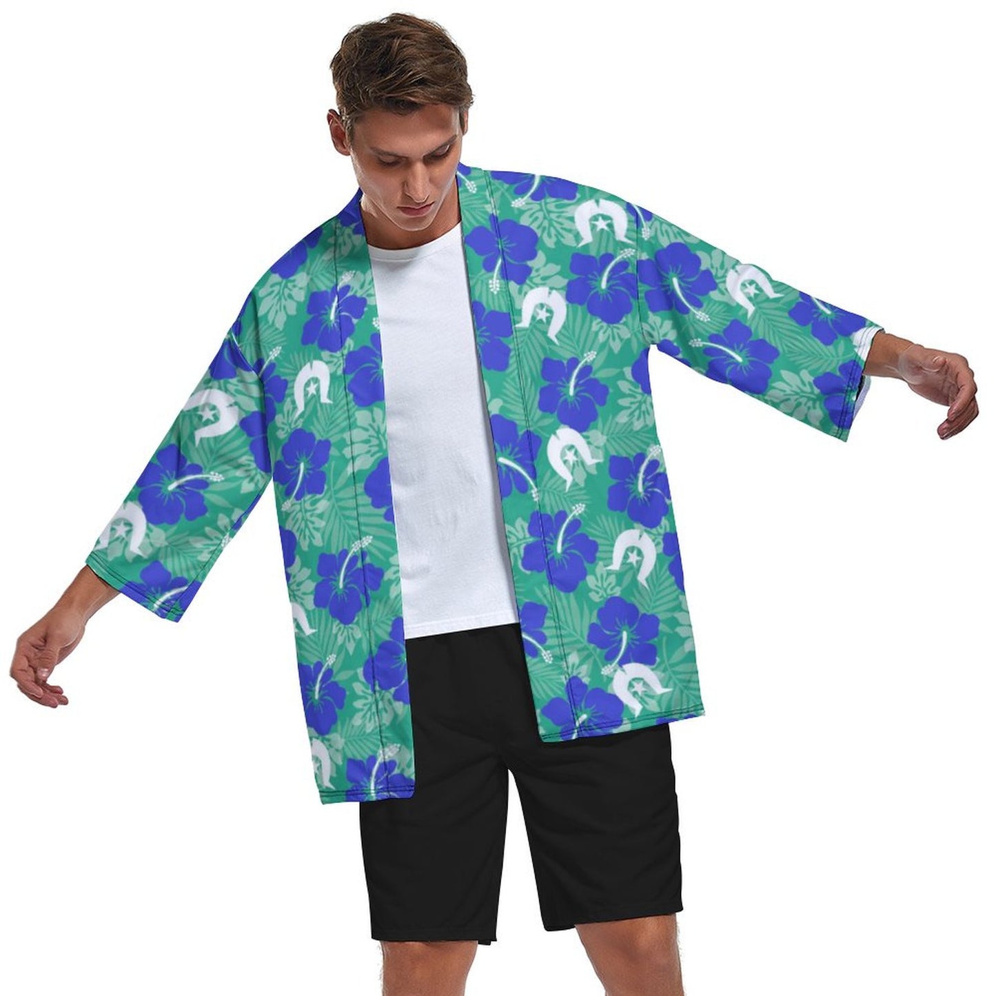 Royal Blue Hibiscus flowers with Dhari on Drop Shoulder Male Kimono Cardigan