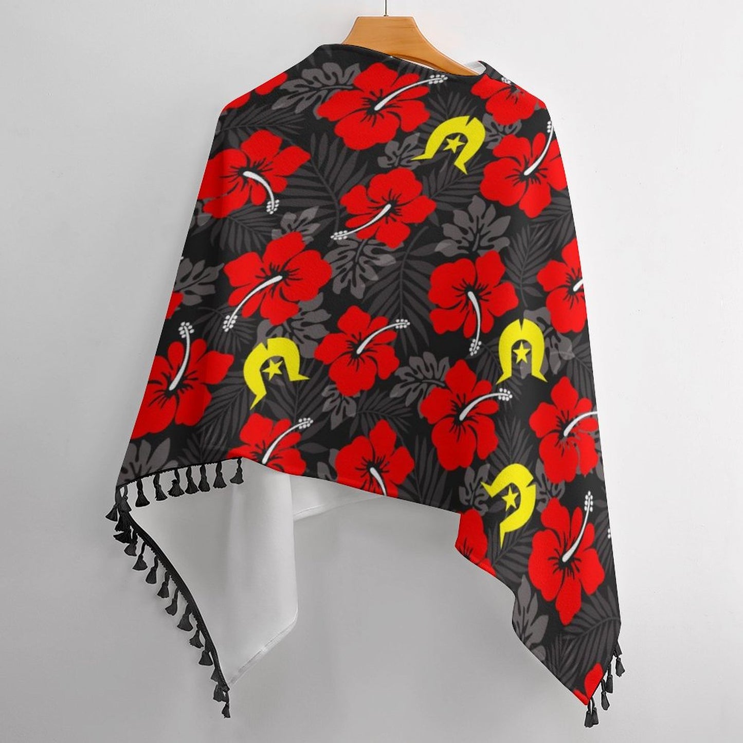 Royal Red Hibiscus with Yellow Dhari on Fringed Knitted Cape