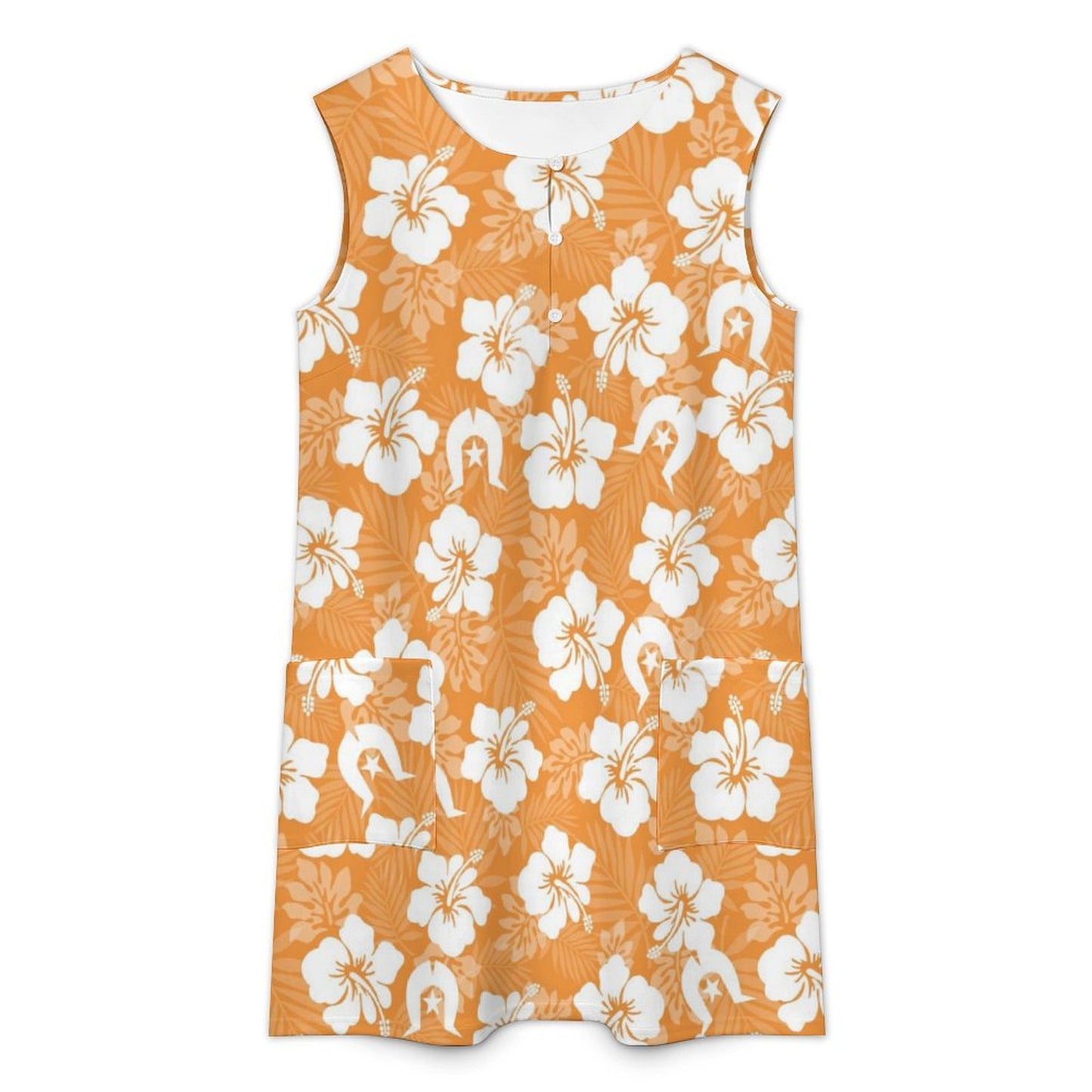 White Hibiscus flowers with Dhari (Orange) on Sleeveless Pocket Dress