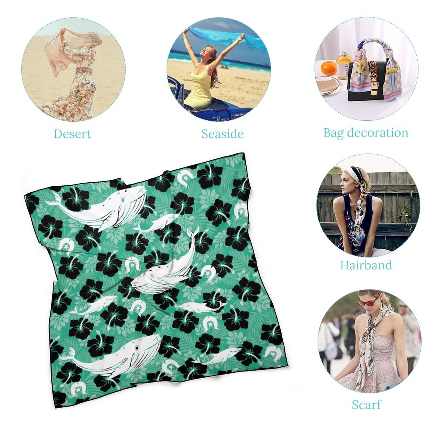 Black Hibiscus with Whale, Dolphin and Dhari on Women's Scarf