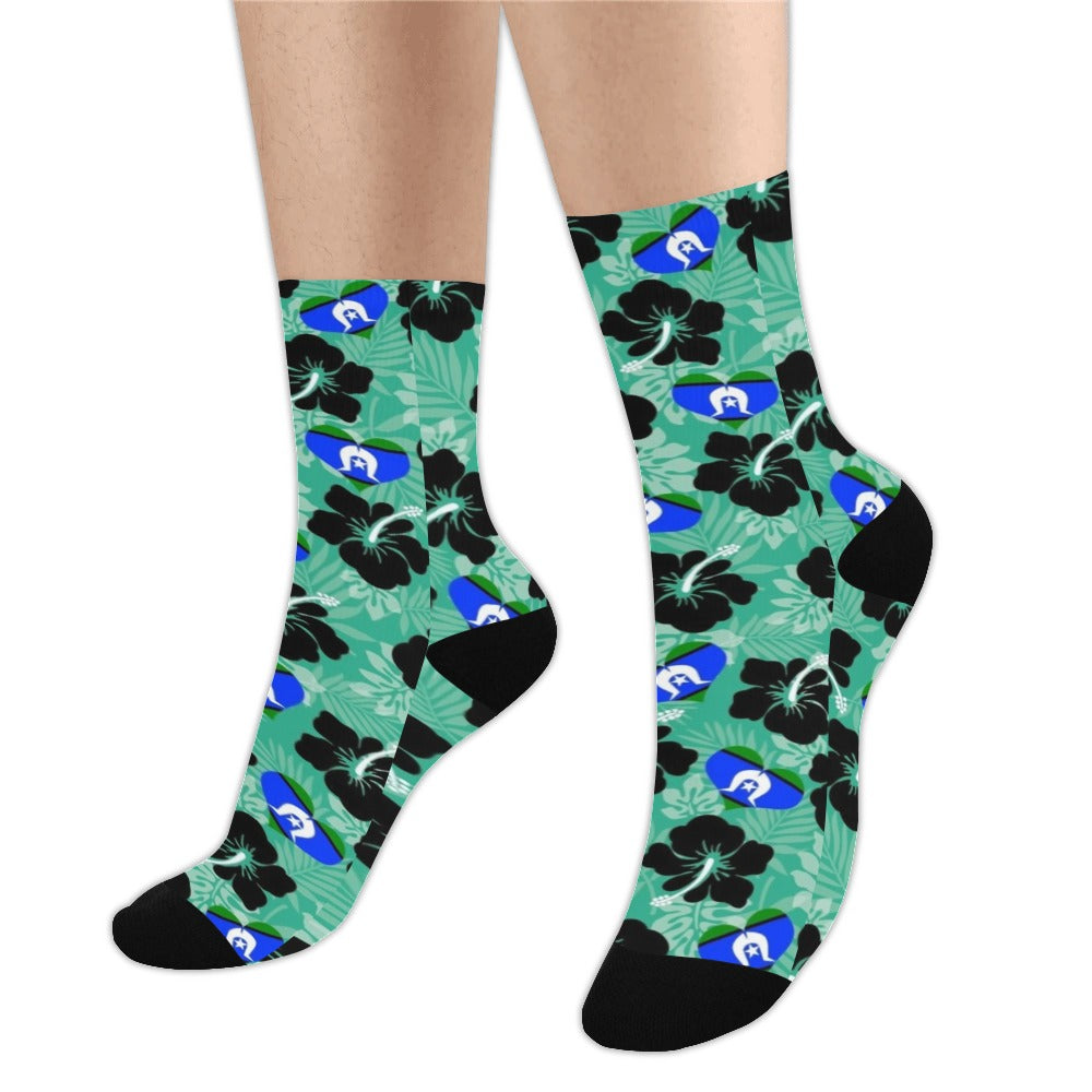 Black Hibiscus with Torres Strait heart shaped flag on Crew Socks (Made In AUS)