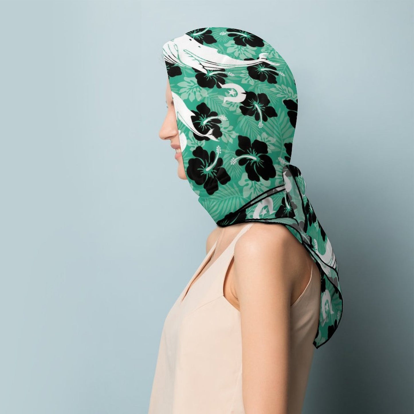 Black Hibiscus with Whale, Dolphin and Dhari on Women's Scarf