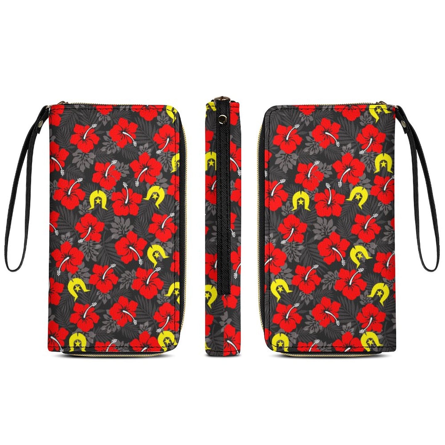 Royal Red Hibiscus with Yellow Dhari on Leather Wallet with Wristlet Strap (2 Pictures on 2 Sides)