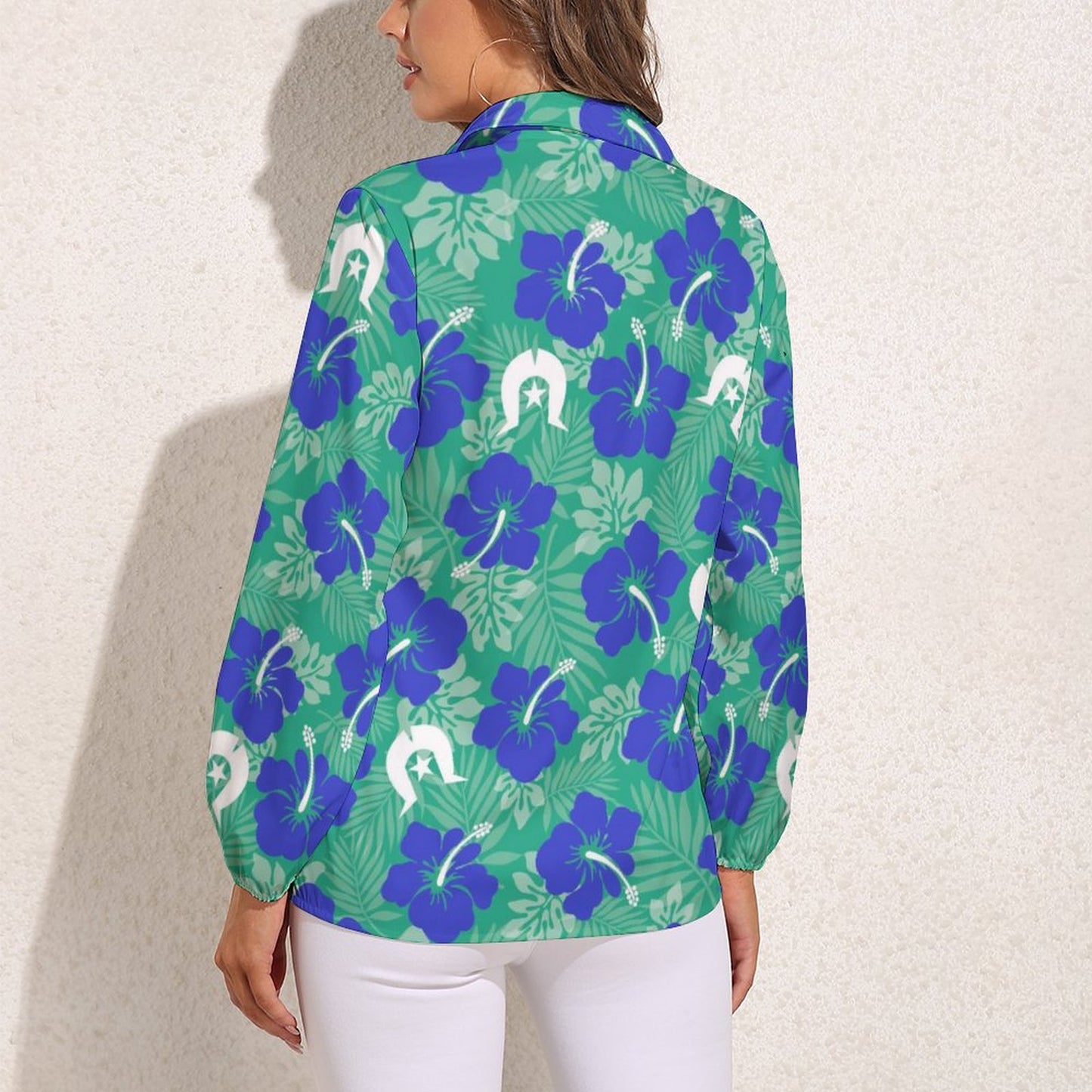 Royal Blue Hibiscus flowers with Dhari on Casual Long Sleeve Vintage Tour Shirt