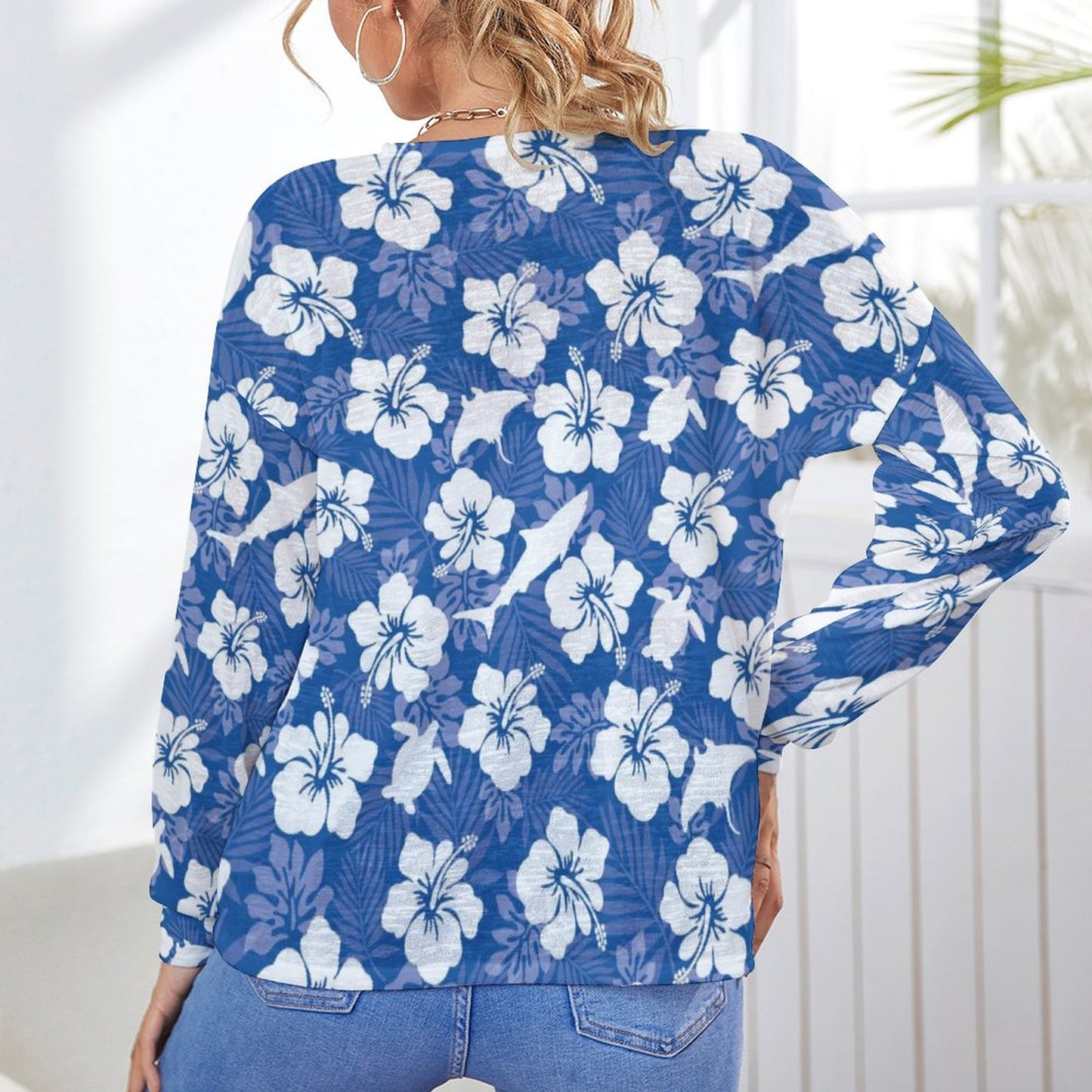 White hibiscus flowers with Dhari, Shark, turtle, and stingray on Long Sleeve Drop Shoulder Open Shirt