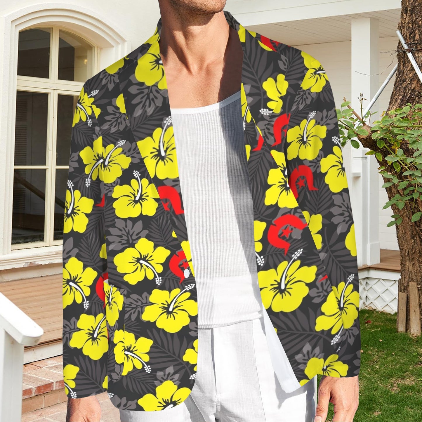 Royal yellow Hibiscus with Red Dhari on Men's Blazer