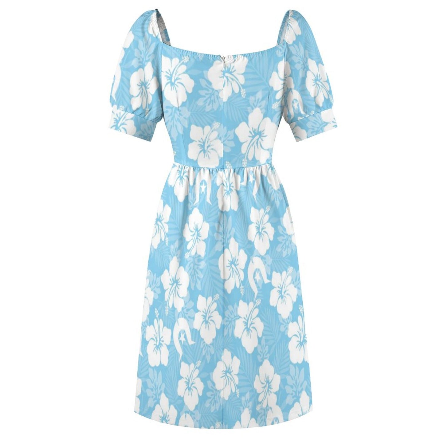White Hibiscus and Dhari (blue) on Short Sleeve V Neck Lovely Dress