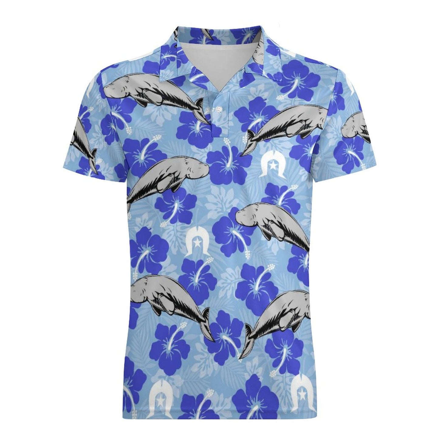 Hibiscus flowers with Dugong and Dhari (Sky blue) on Short Sleeve Men's POLO Shirt