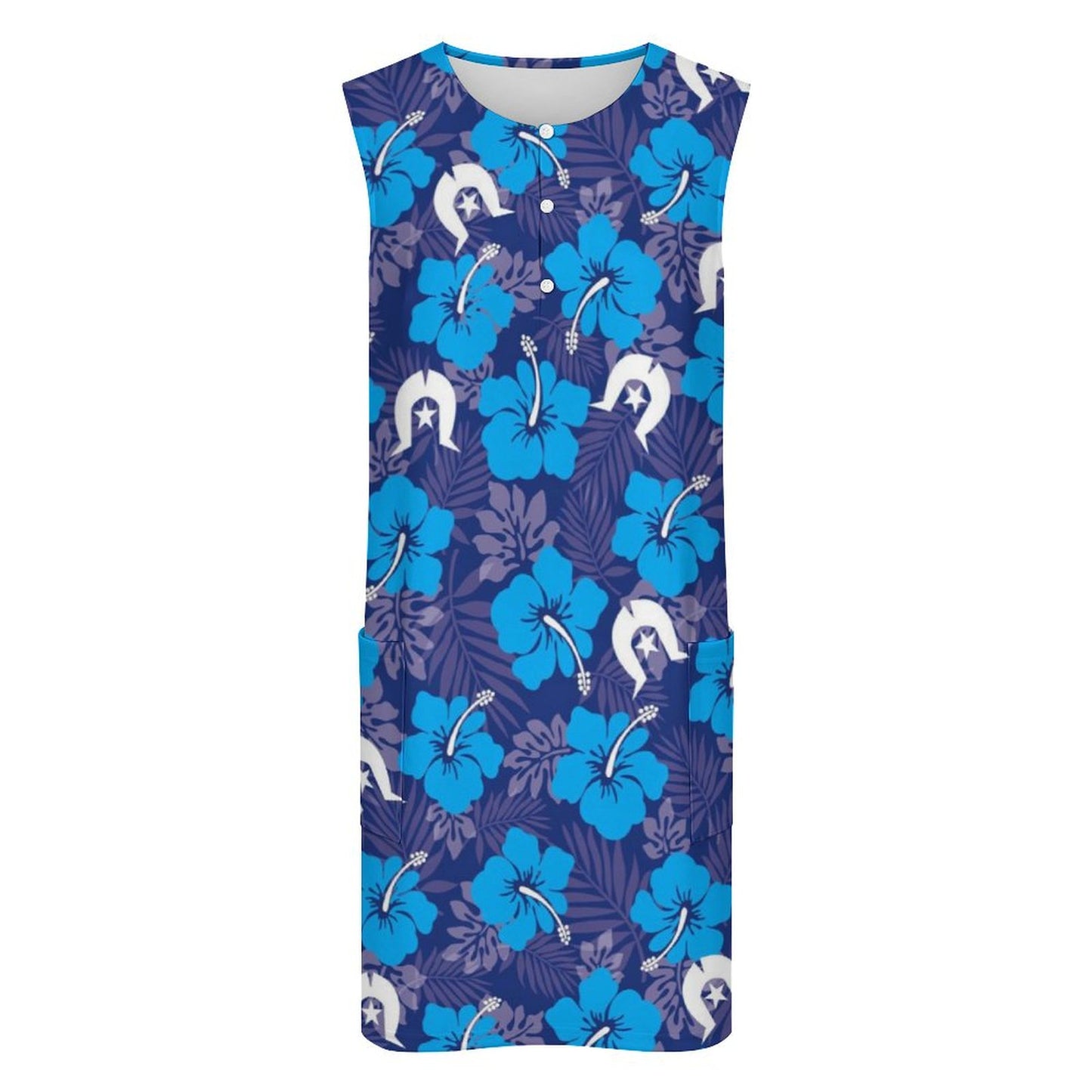 Hibiscus flowers with White Dhari (Royal blue) on Sleeveless Pocket Dress