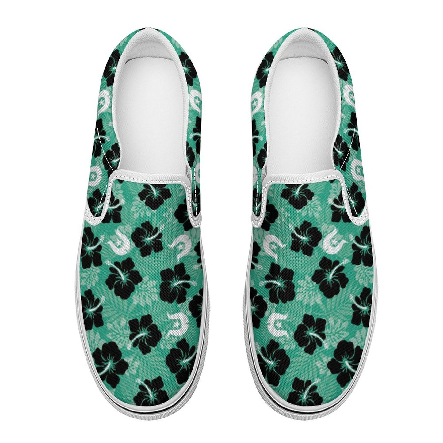 Black Hibiscus with White Dhari on Canvas Shoes for Teenagers