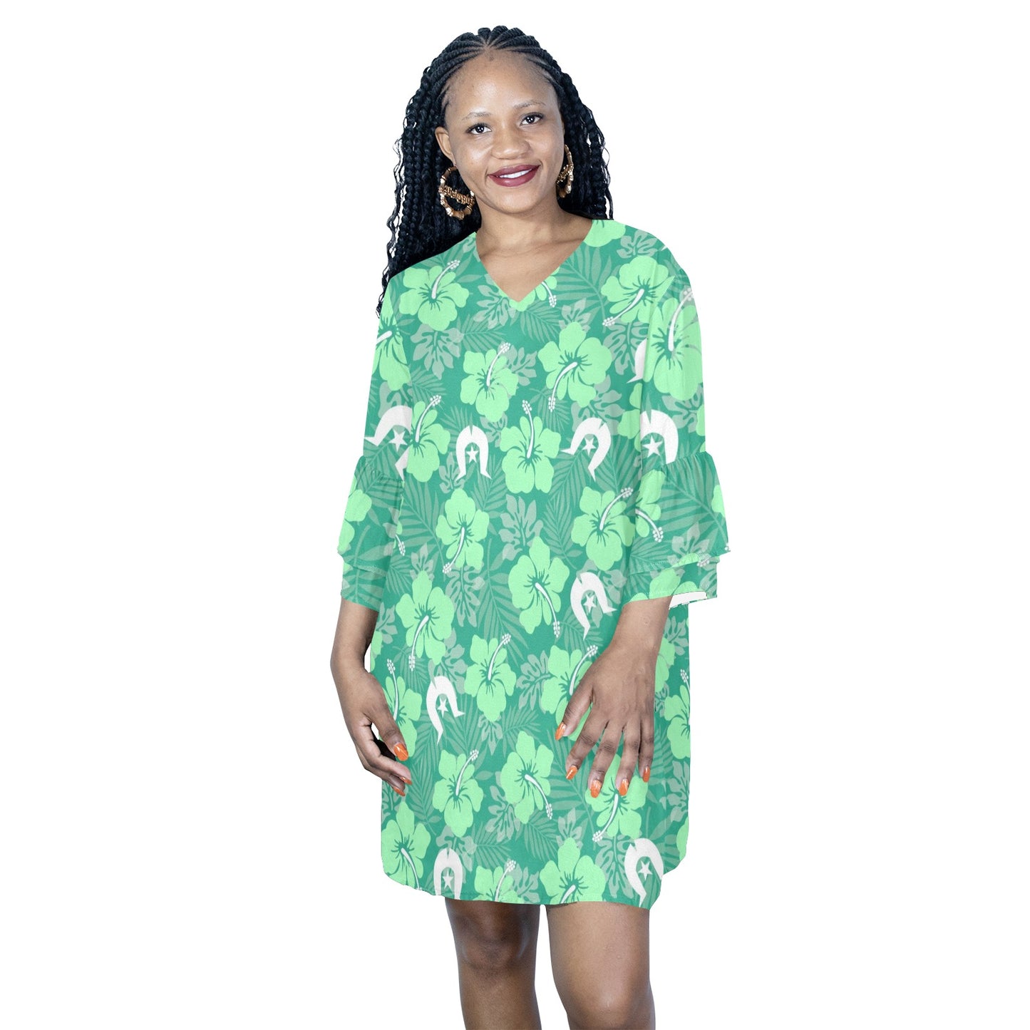 Hibiscus flowers with Dhari (Royal mint) on Half Sleeves V-Neck Mini Dress