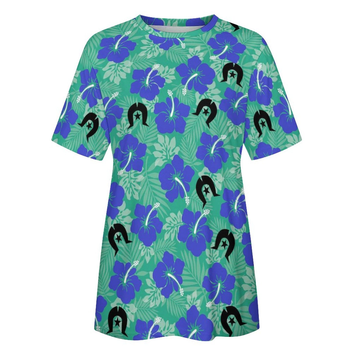 Royal Blue Hibiscus flowers with Black Dhari on Cotton Summer Short Sleeve T-Shirts for Women