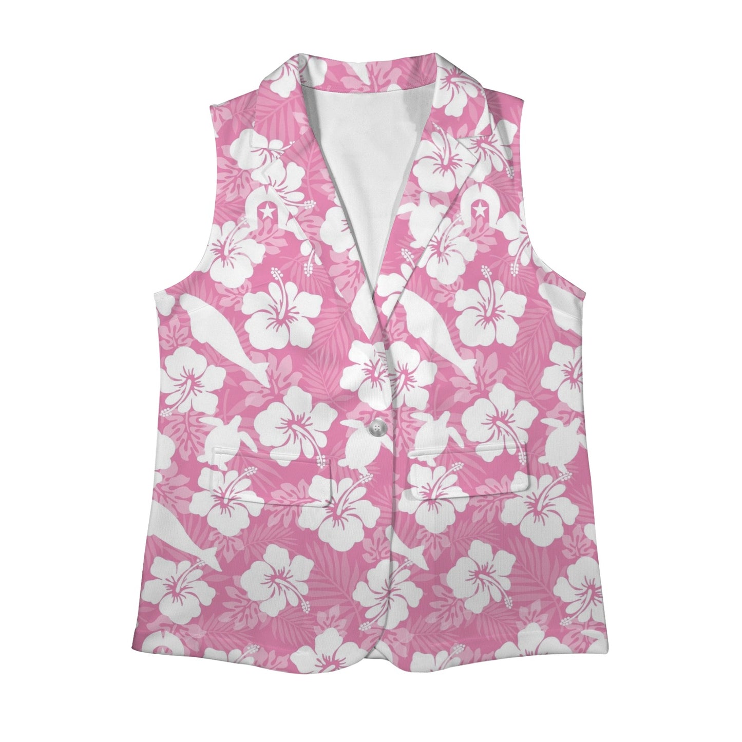 White Hibiscus flowers with Dugong, Turtle and Dhari on Women Sleeveless Suit Vest