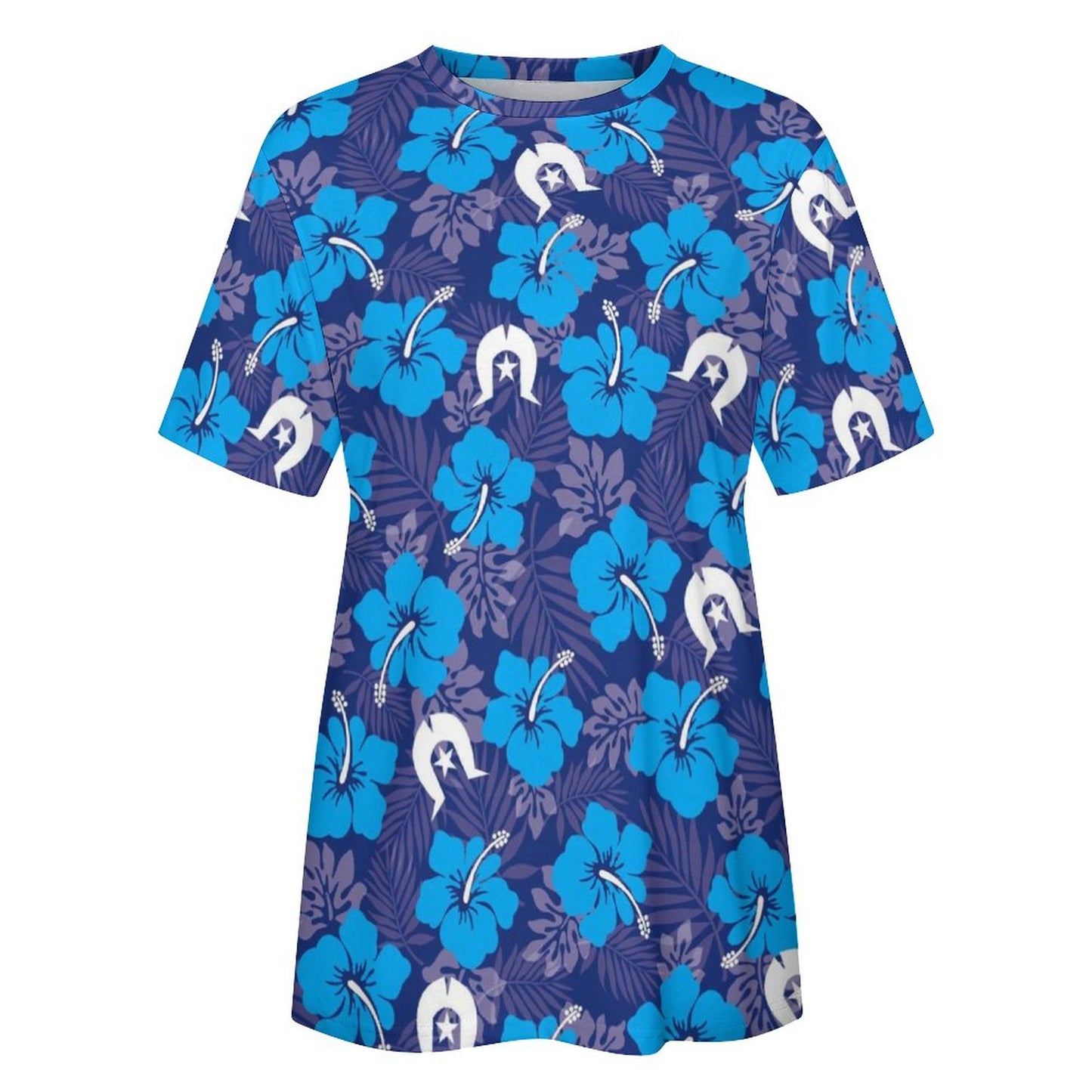 Hibiscus flowers with White Dhari (Royal blue) on Cotton Summer Short Sleeve T-Shirts for Women