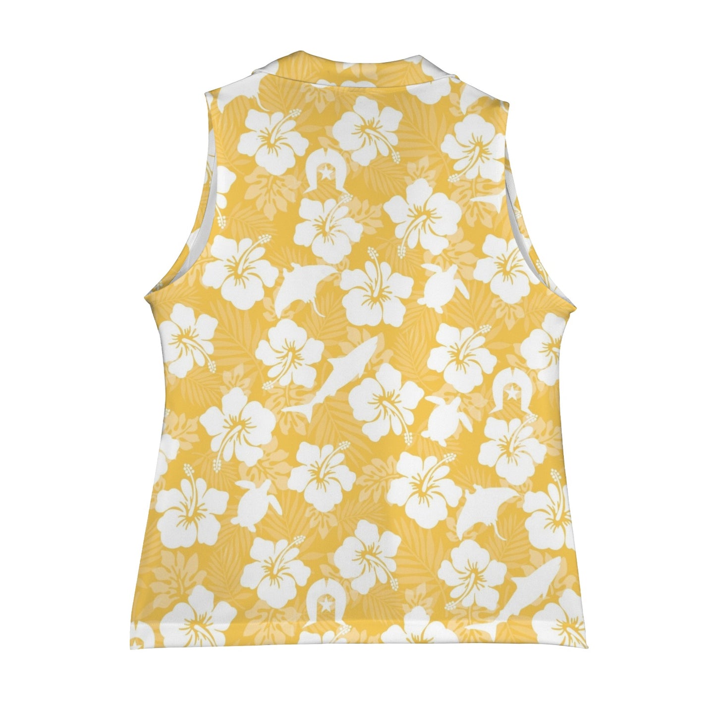 White hibiscus flowers with Dhari, Shark, turtle, and stingray (Orange) on Women Sleeveless Suit Vest