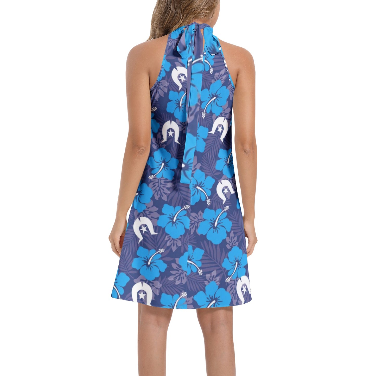 Hibiscus flowers with Dhari (Royal blue) on Tie Back Halter Neck Flared Dress