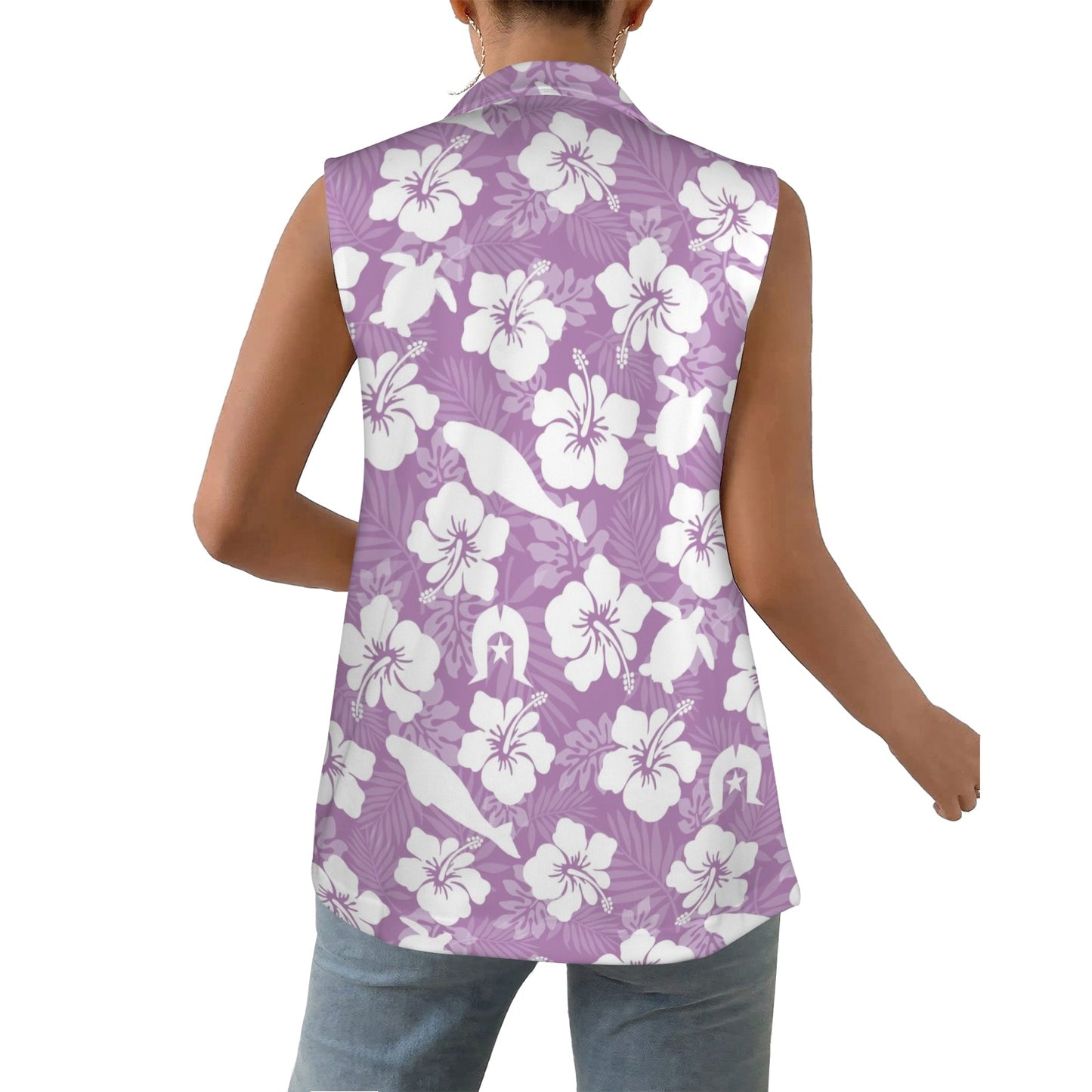 White Hibiscus flowers with Dugong, Turtle and Dhari on Women Sleeveless Suit Vest
