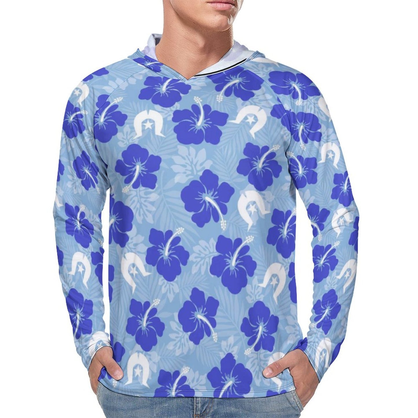 Hibiscus flowers with White Dhari (Sky blue) on Men's UPF 40+ Sun Protection Fishing Shirt