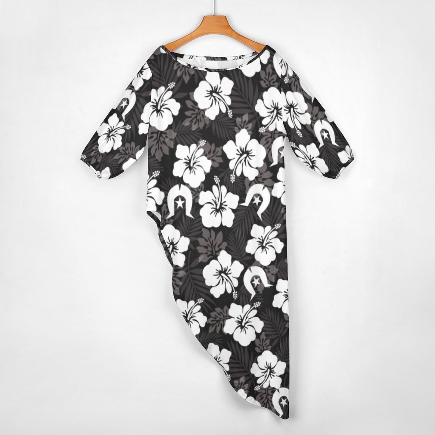 White Hibiscus and Dhari (Black) on Diagonal Shoulder Two Piece Set
