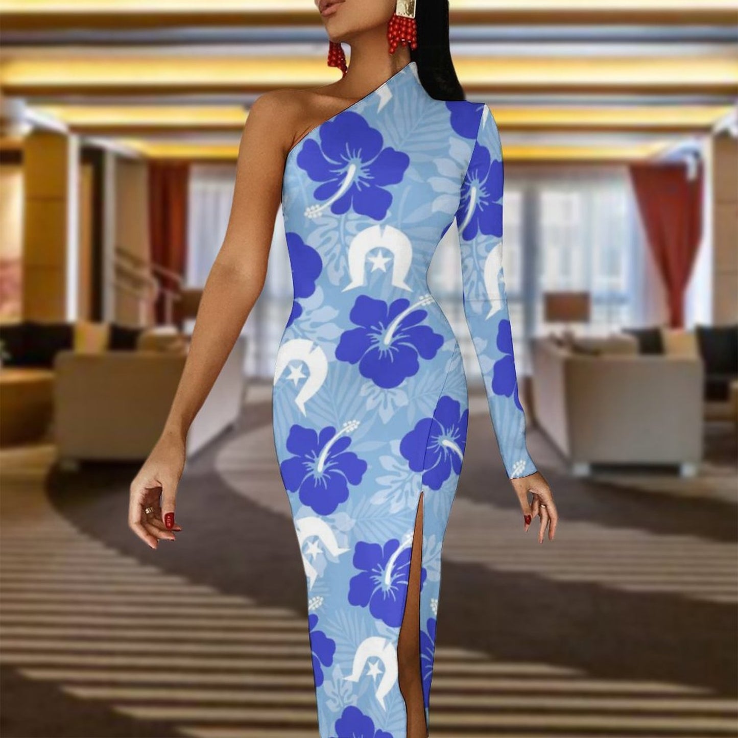 Hibiscus flowers with White Dhari (Sky blue) on One Shoulder Split Dress BIQ