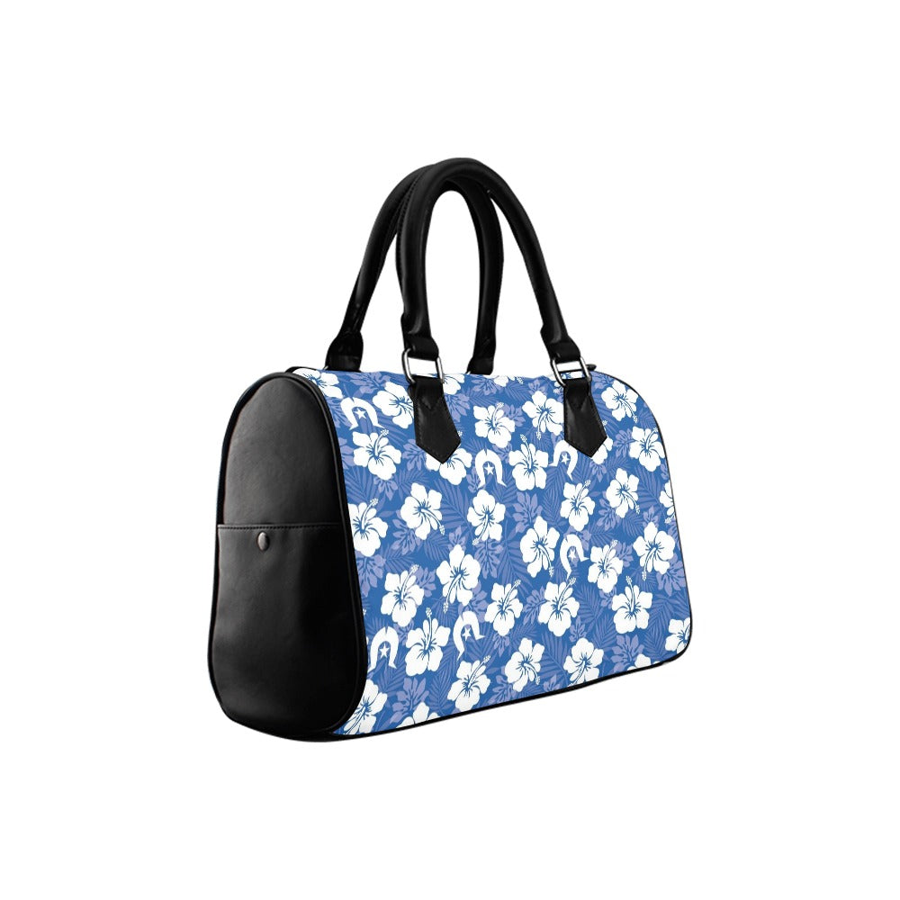 White Hibiscus and Dhari (Blue) on Handbag