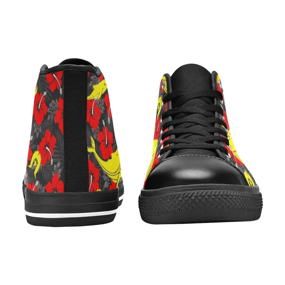 Royal Red Hibiscus with Yellow Dhari, Whale and Dolphin on Women's High Top Canvas Shoes