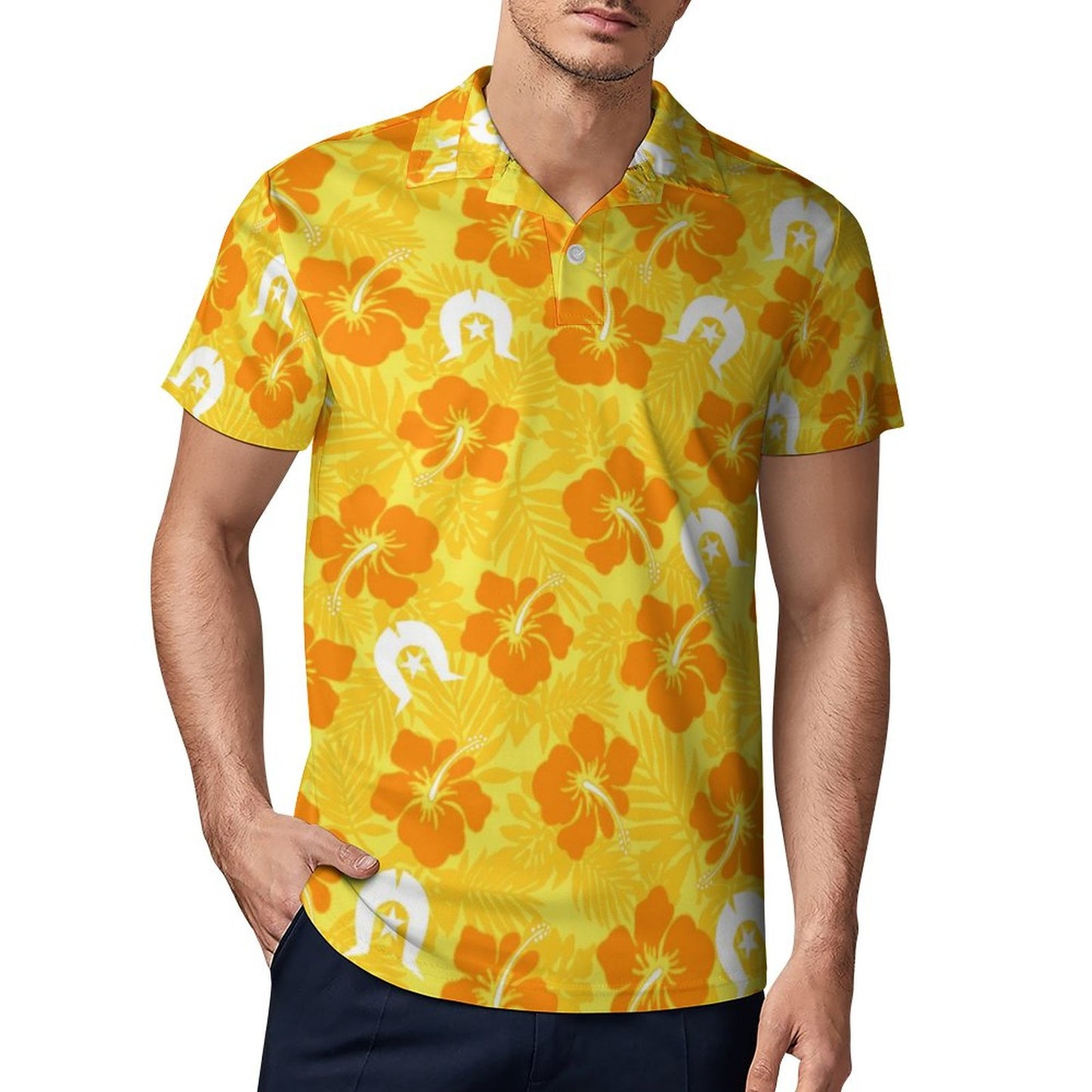 Hibiscus flowers with Dhari (Gold) on Short Sleeve Men's POLO T-shirt