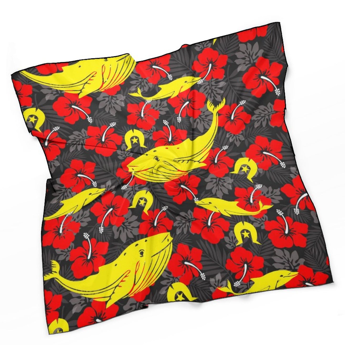 Royal Red Hibiscus with Yellow Dhari, Whale and Dolphin on Women's Scarf