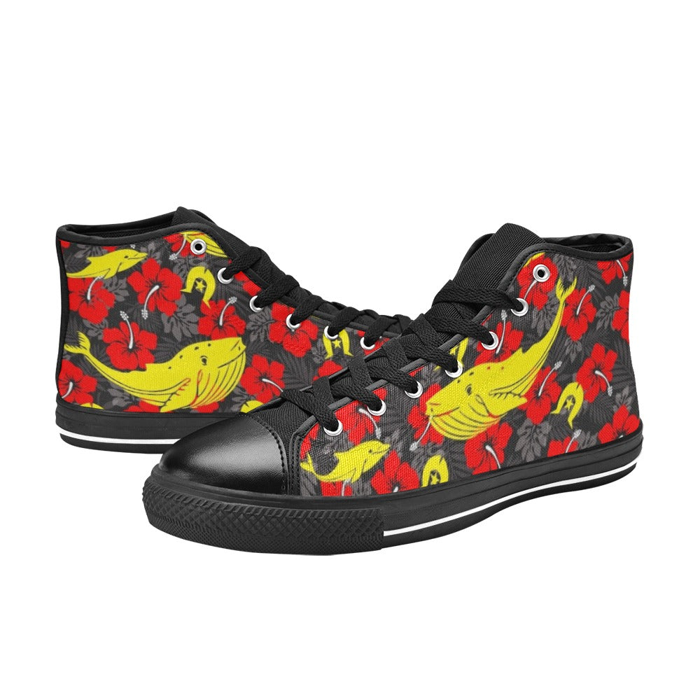 Royal Red Hibiscus with Yellow Dhari, Whale and Dolphin on Women's High Top Canvas Shoes