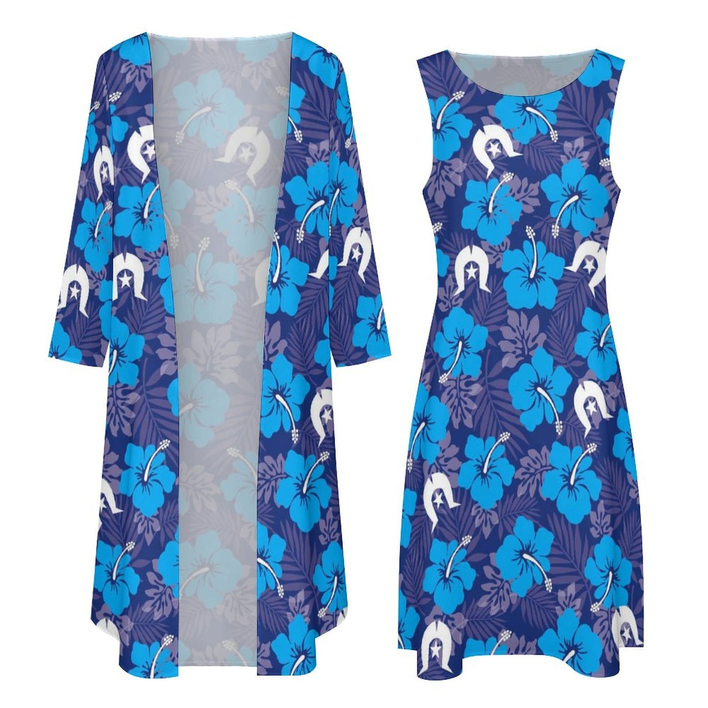 Hibiscus flowers with White Dhari (Royal blue) on Long Dress Set