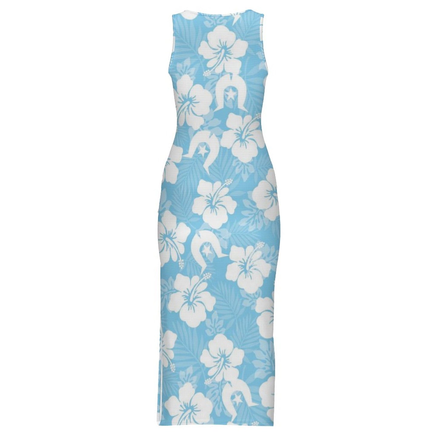 White Hibiscus and Dhari (blue) on 180gsm Slit Fitted Camisole Cheongsam
