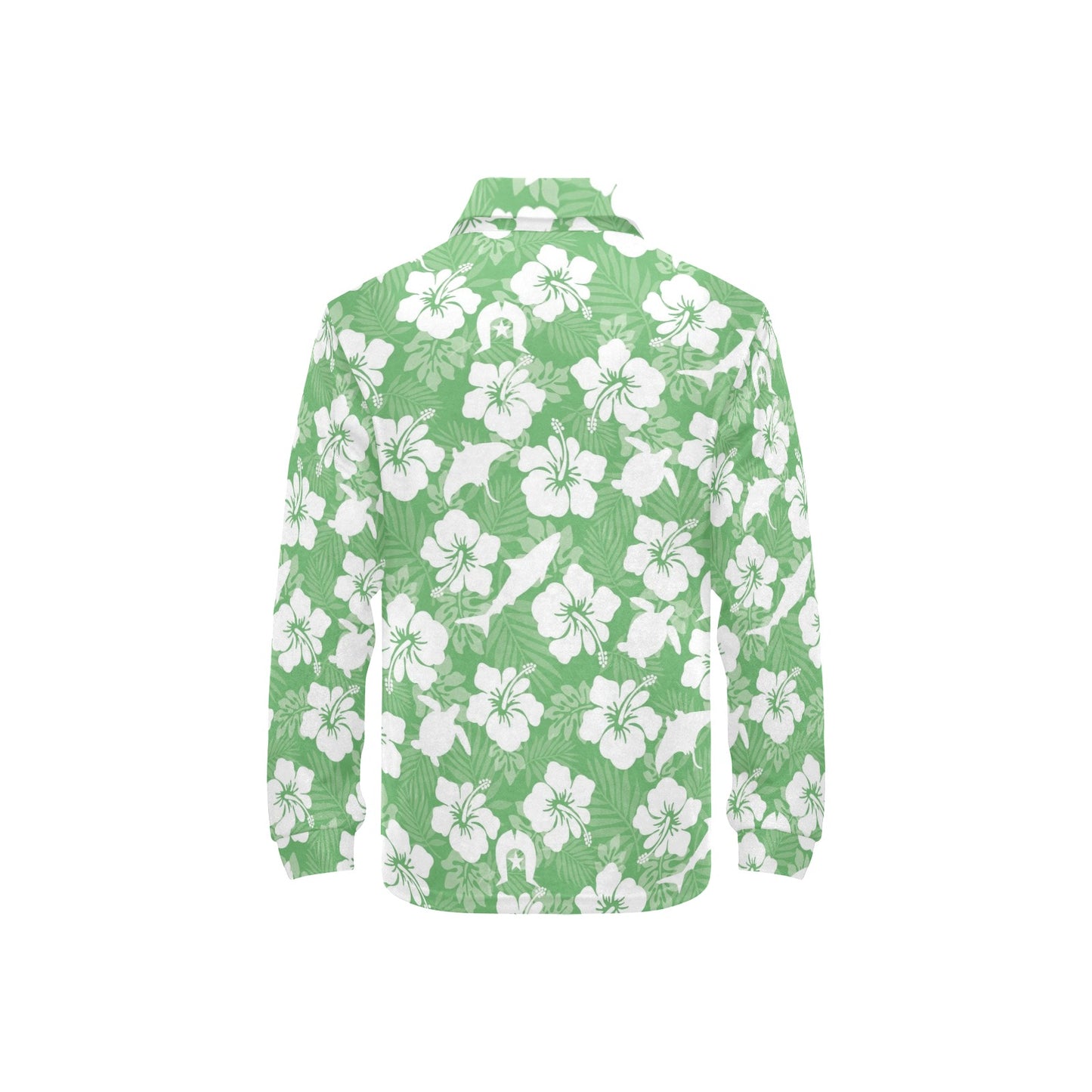 White hibiscus flowers with Dhari, Shark, turtle, and stingray (Green) on Little Boys' Long Sleeve Polo Shirt