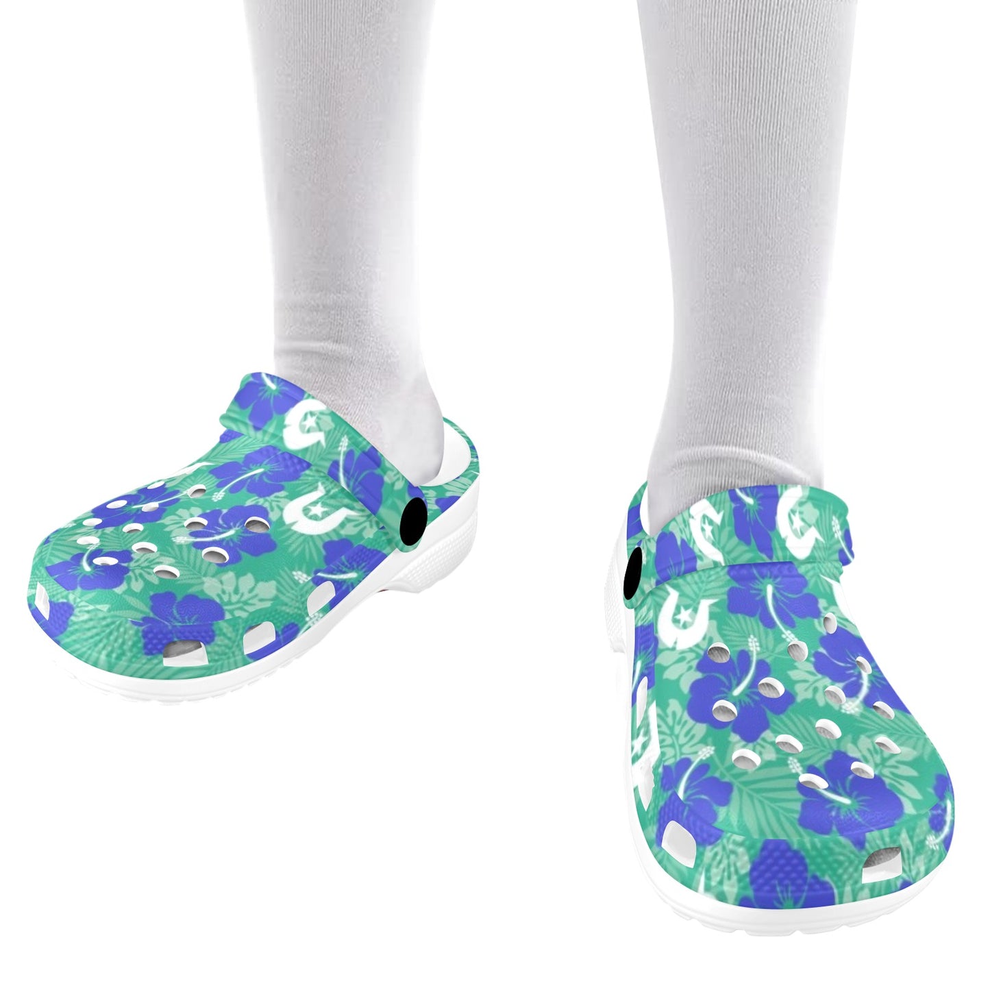 Royal Blue Hibiscus flowers with Dhari on Kids Clogs